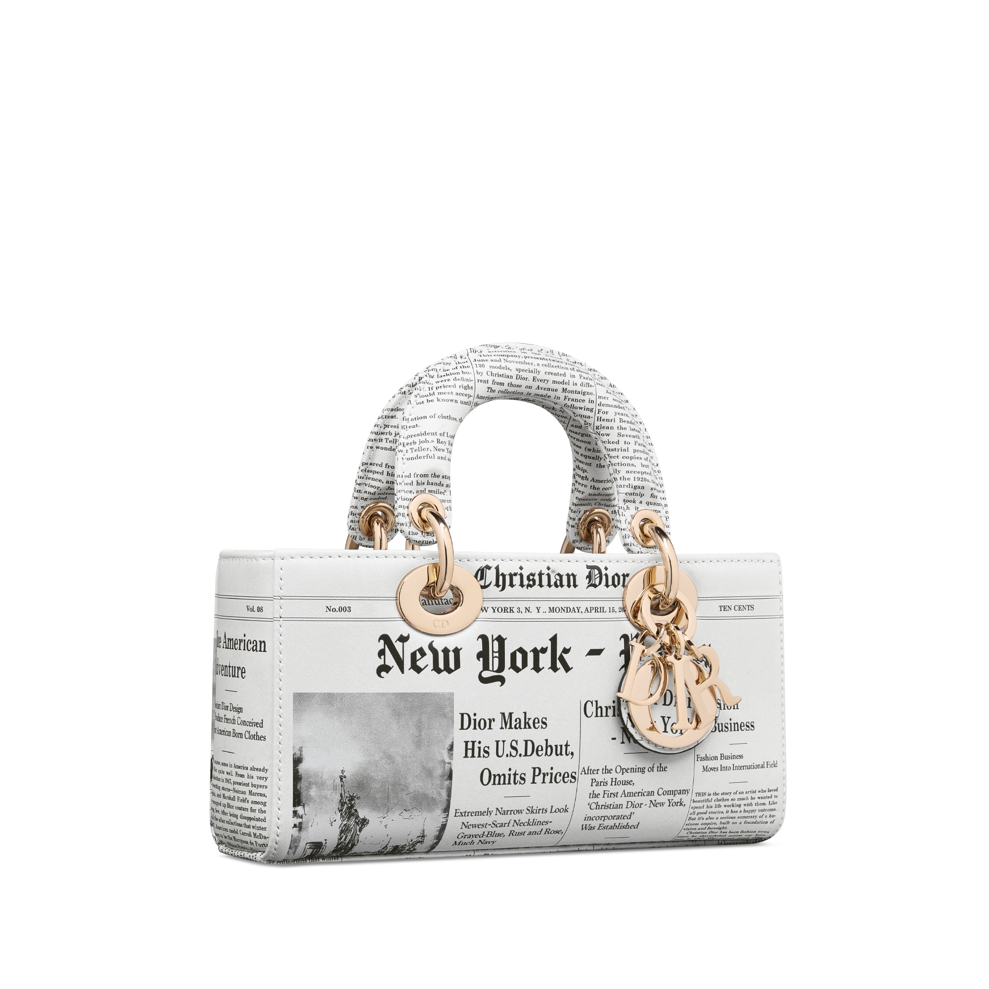 Bolso pequeño Lady D-Joy Piel de becerro con estampado Newspaper blanco y negro E03