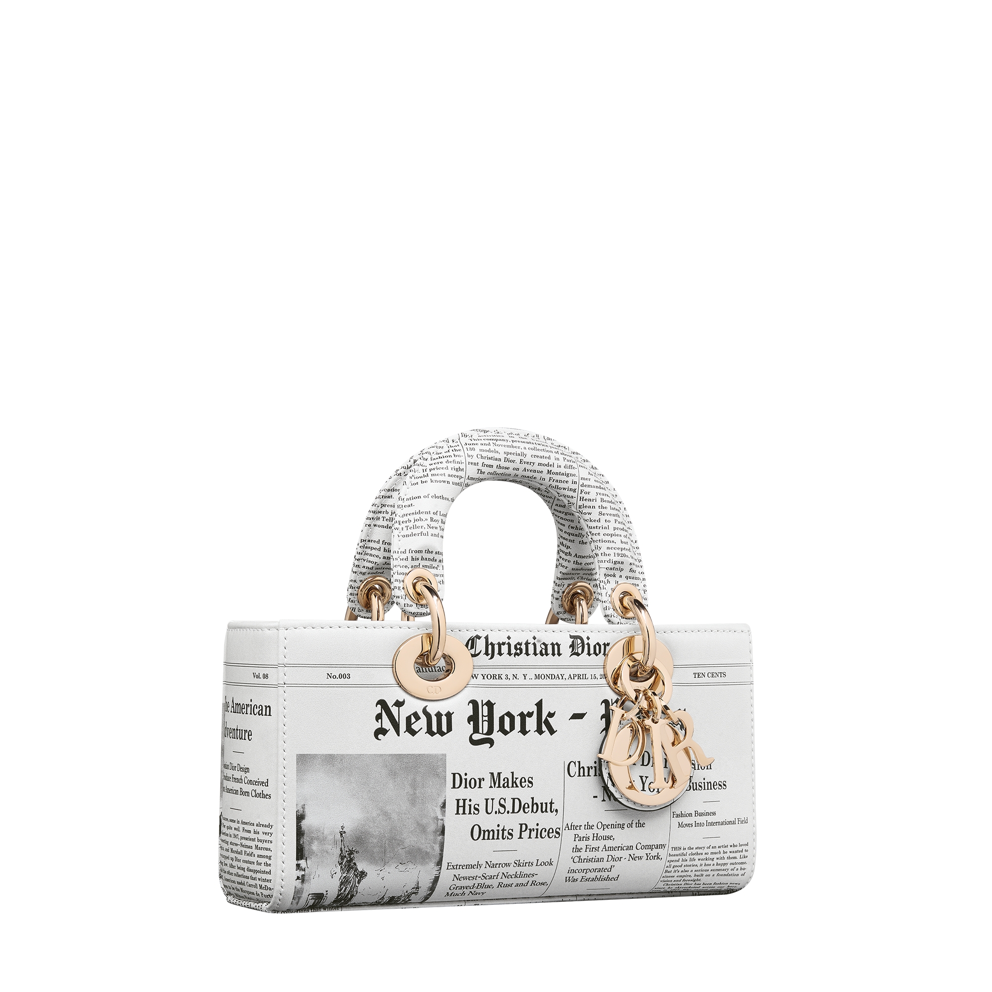 Small Lady D-Joy Bag White and Black Calfskin with Newspaper Print E03