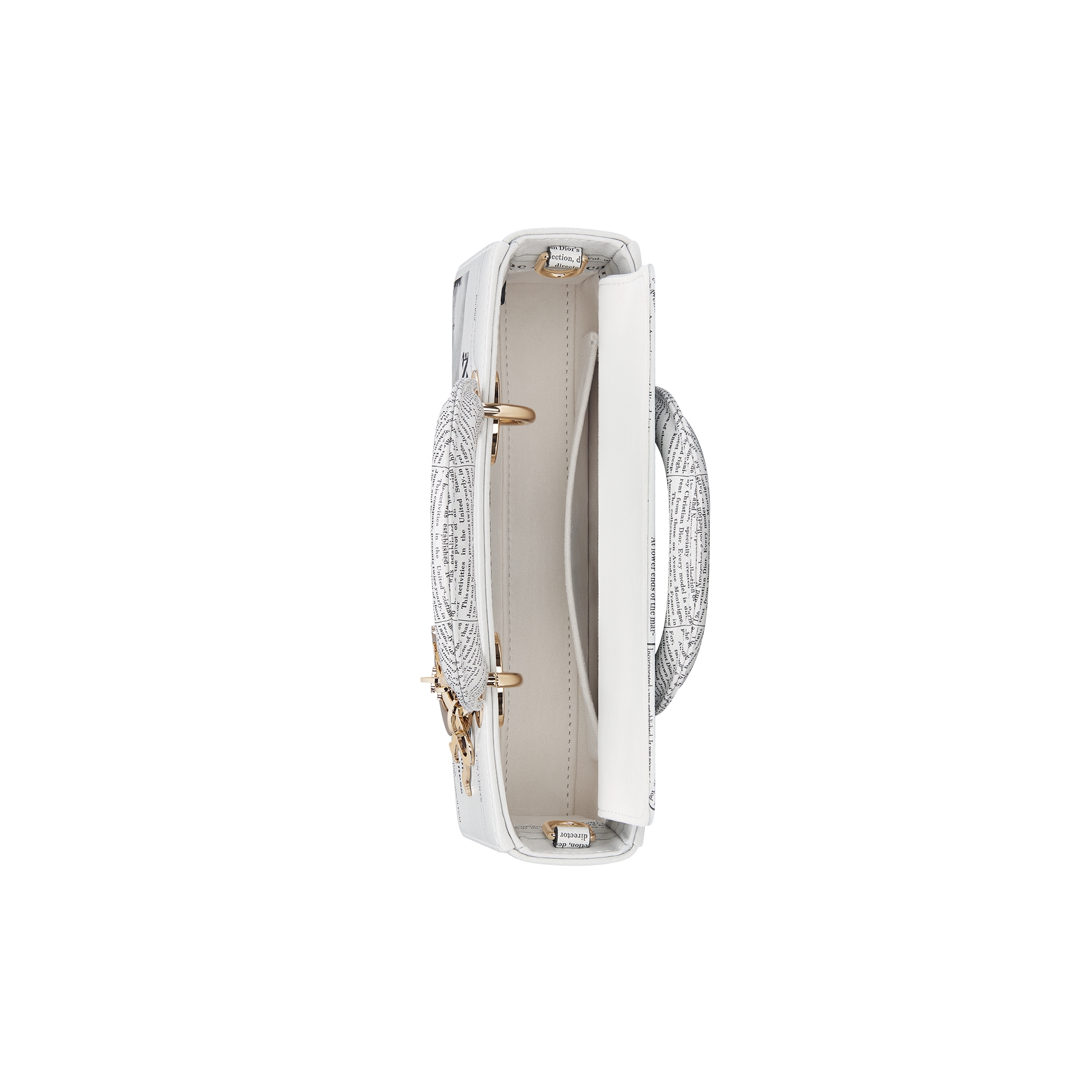 Small Lady D-Joy Bag White and Black Calfskin with Newspaper Print E06