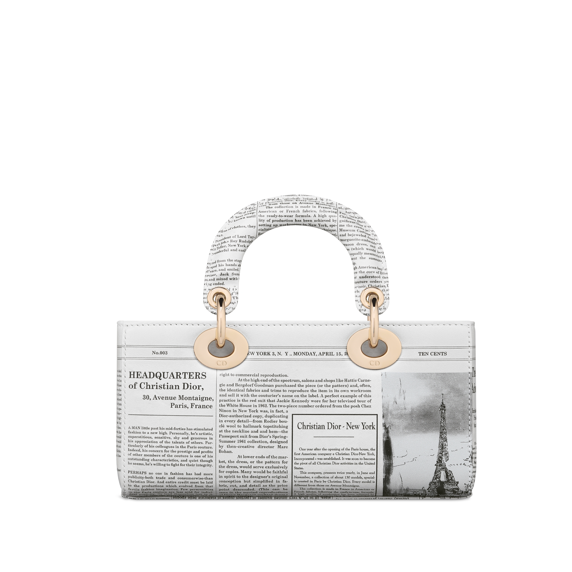 Bolso pequeño Lady D-Joy Piel de becerro con estampado Newspaper blanco y negro E08