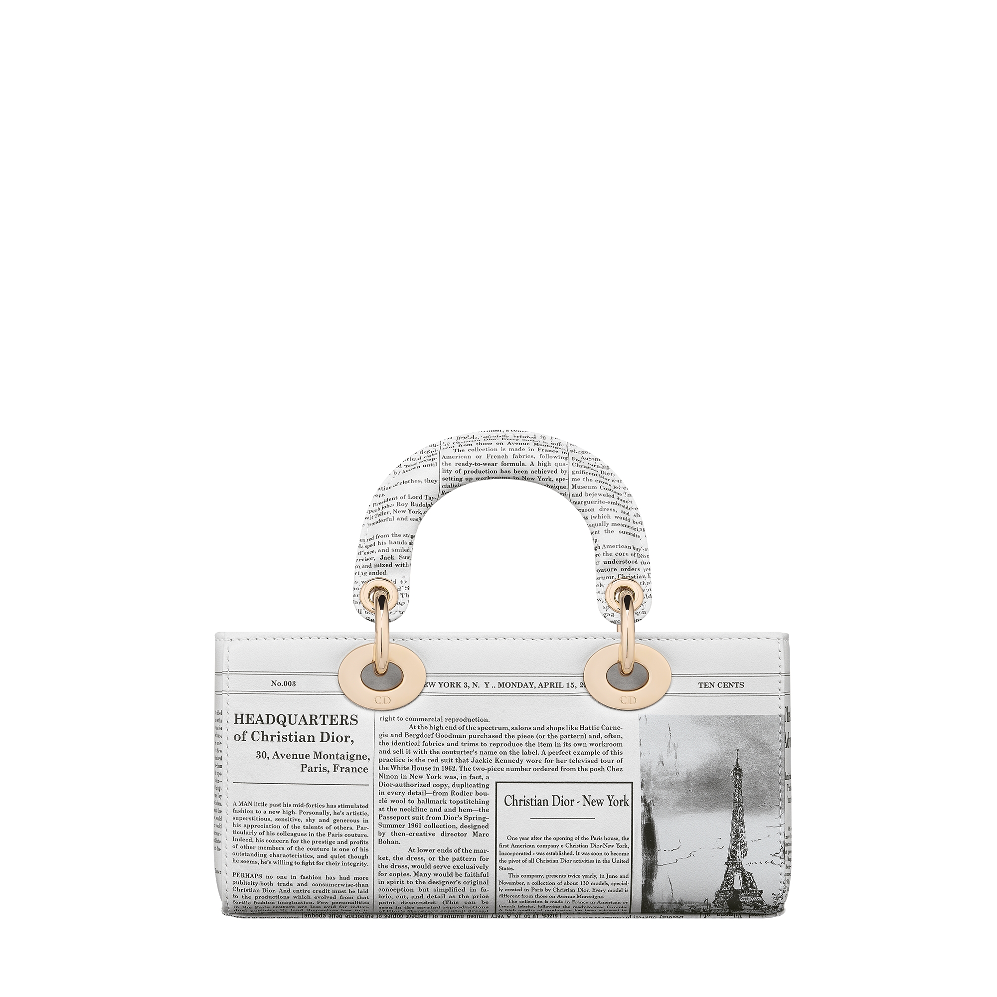 Small Lady D-Joy Bag White and Black Calfskin with Newspaper Print E08