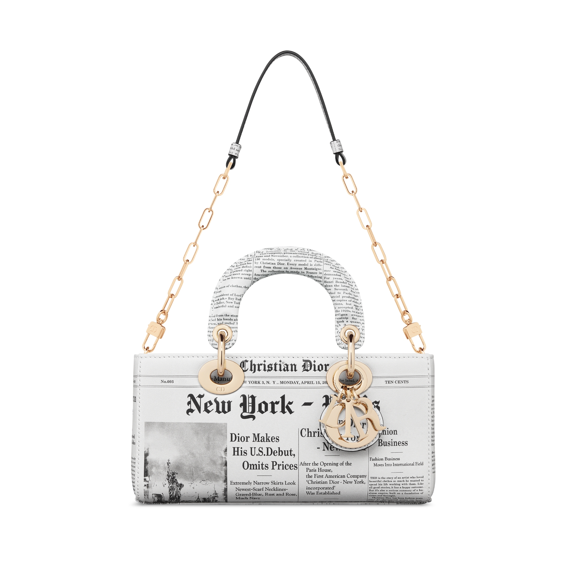 Bolso pequeño Lady D-Joy Piel de becerro con estampado Newspaper blanco y negro E10