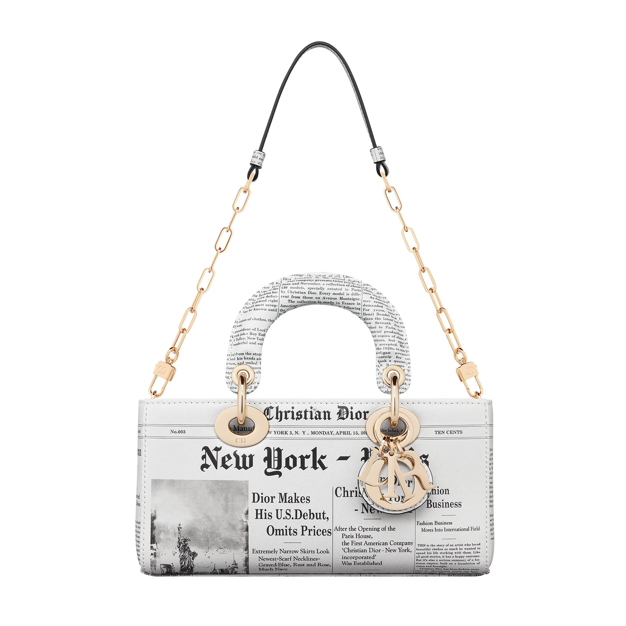 Small Lady D-Joy Bag White and Black Calfskin with Newspaper Print E10