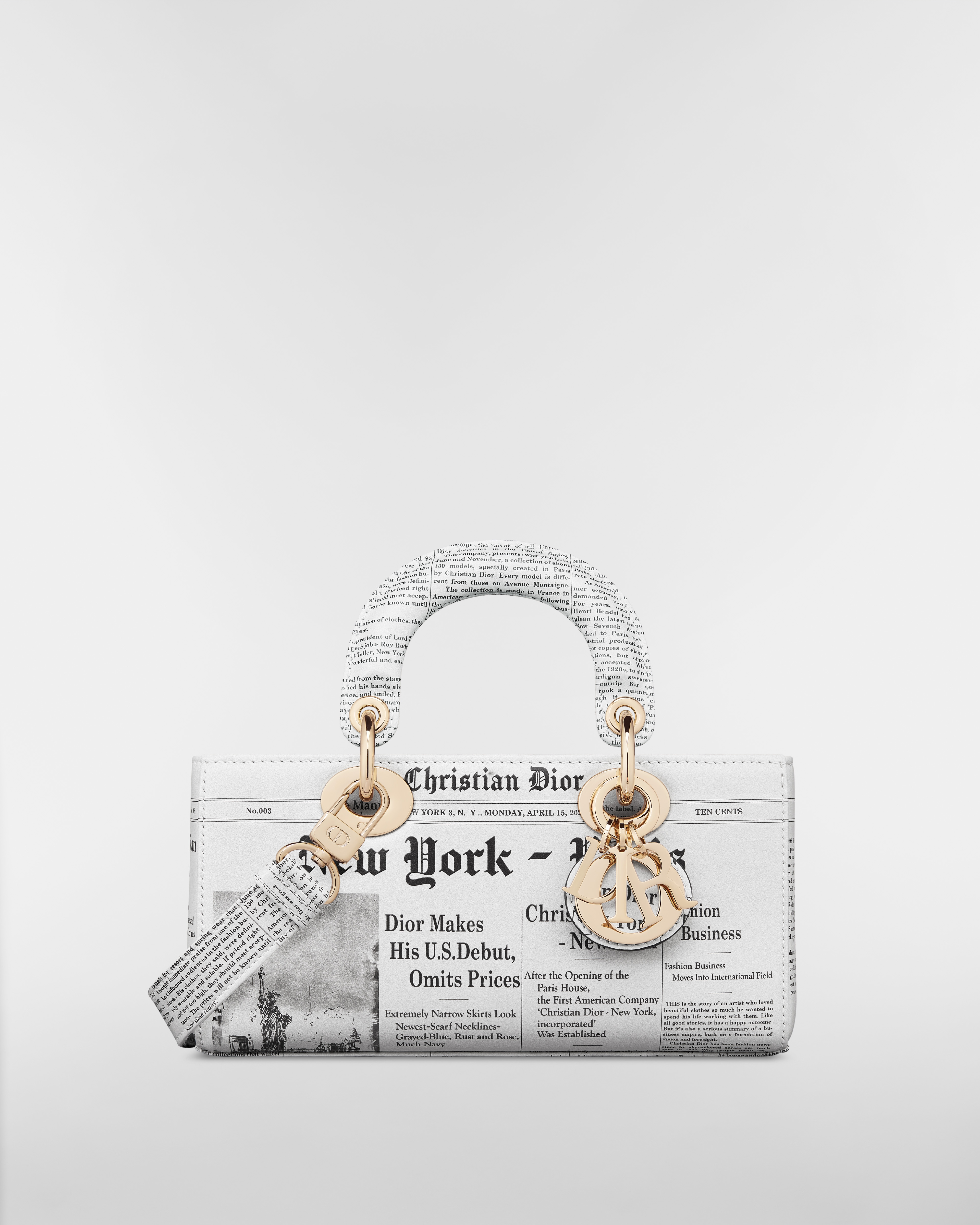 Small Lady D-Joy Bag White and Black Calfskin with Newspaper Print E01