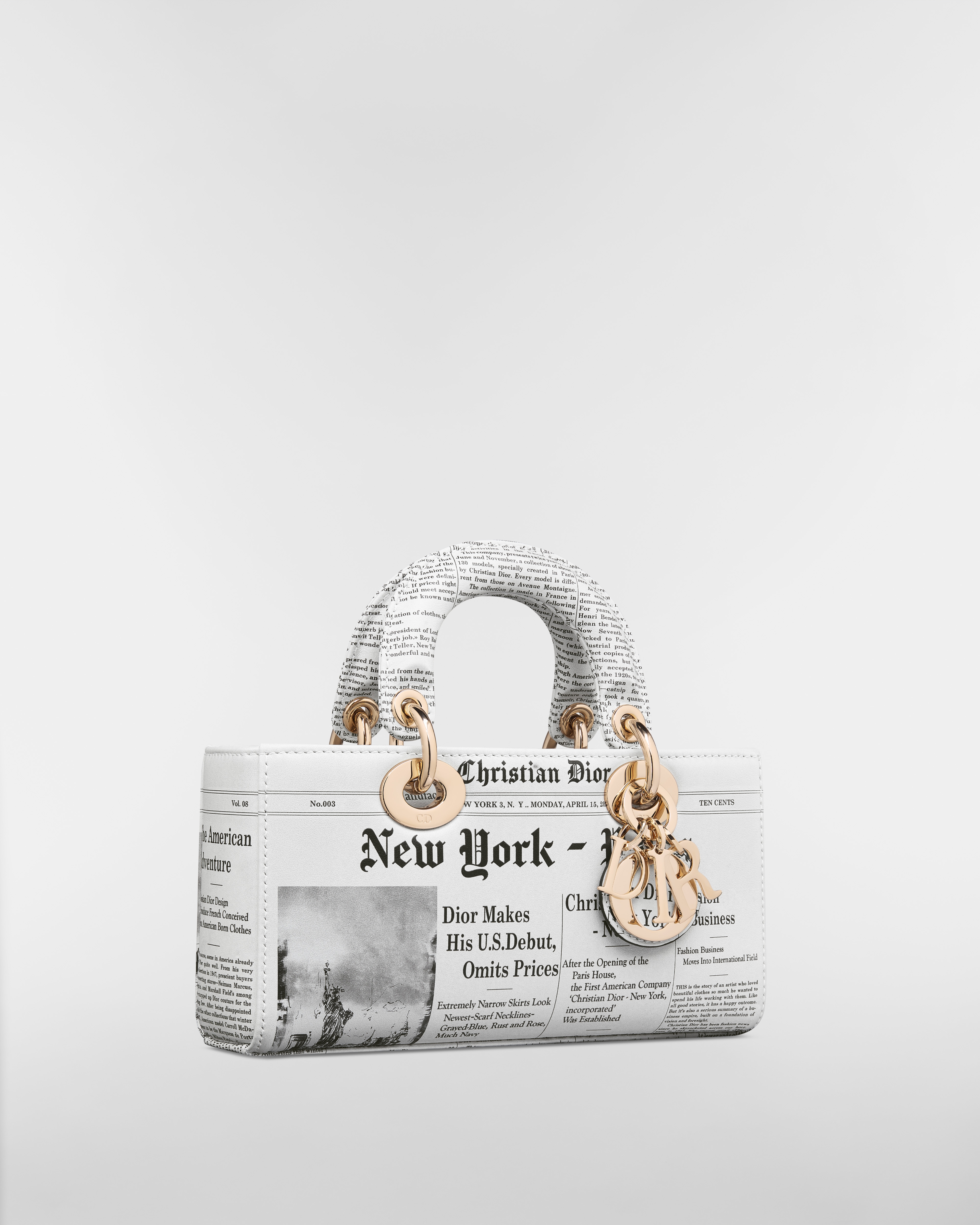 Small Lady D-Joy Bag White and Black Calfskin with Newspaper Print E03