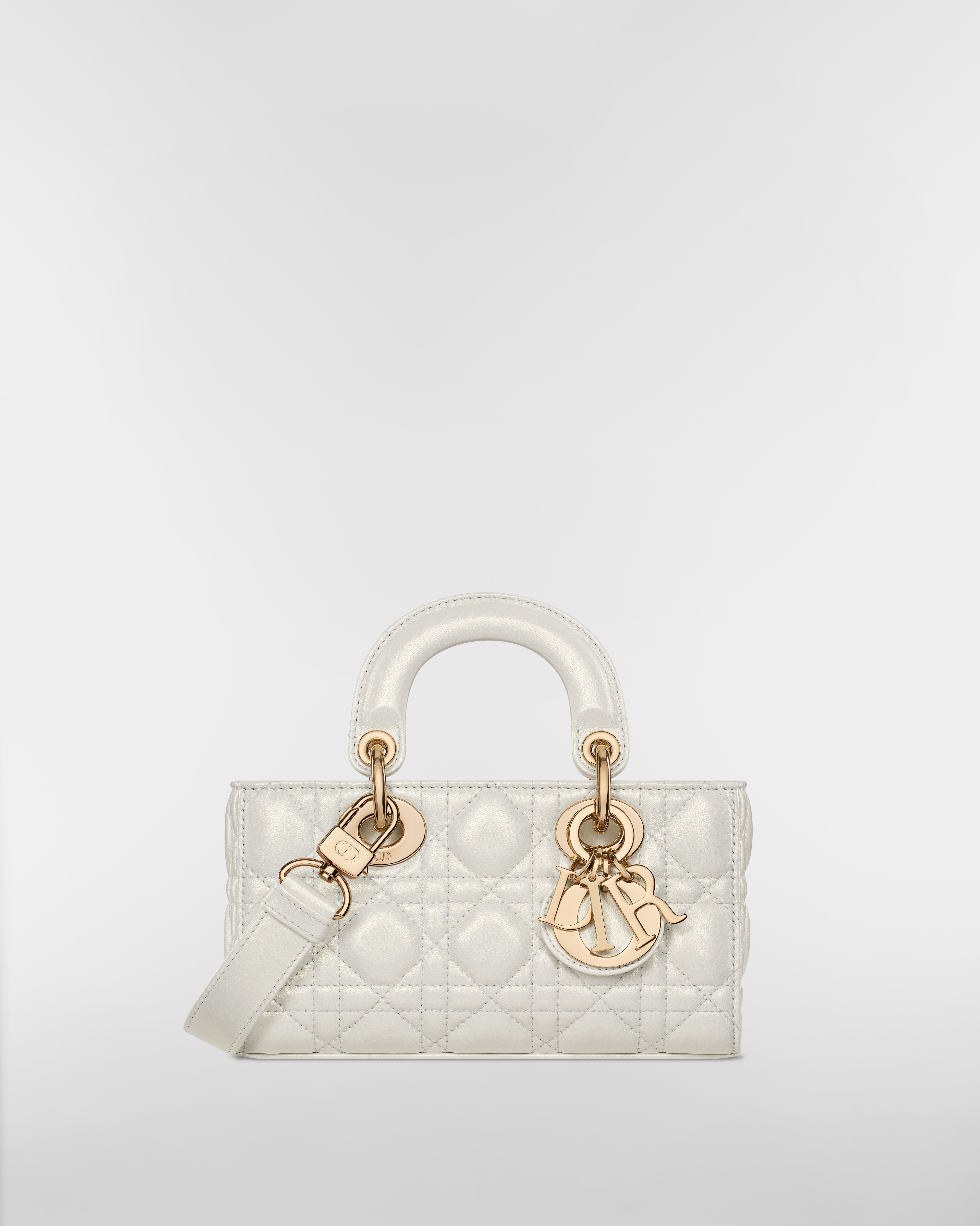 Mini Lady D-Joy Bag Pearlescent White Cannage Lambskin E01