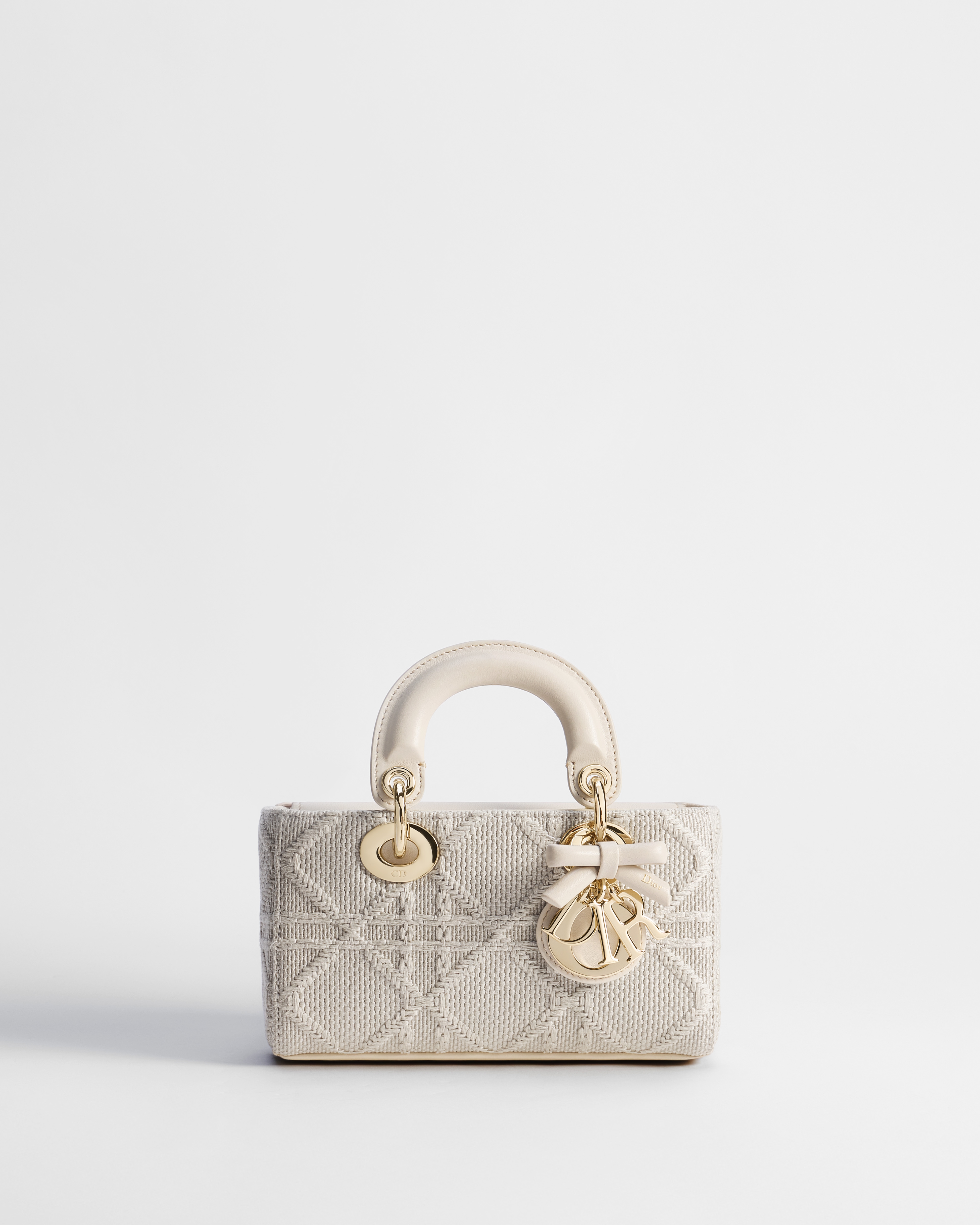 Mini Lady D-Joy Bag Beige Raffia-Effect Cannage Embroidery E01