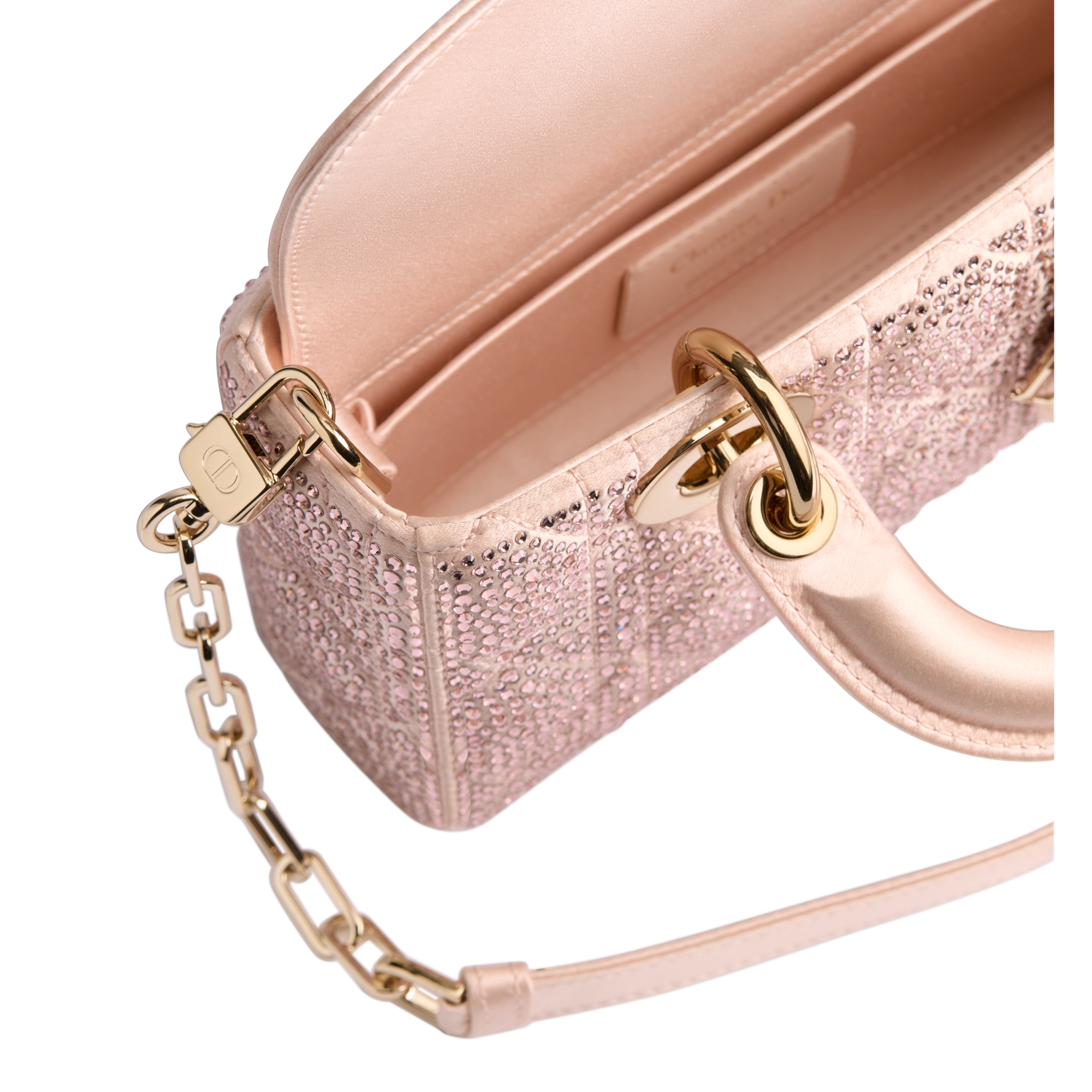 Mini Lady D-Joy Bag Pale Pink Cannage Satin and Strass E06