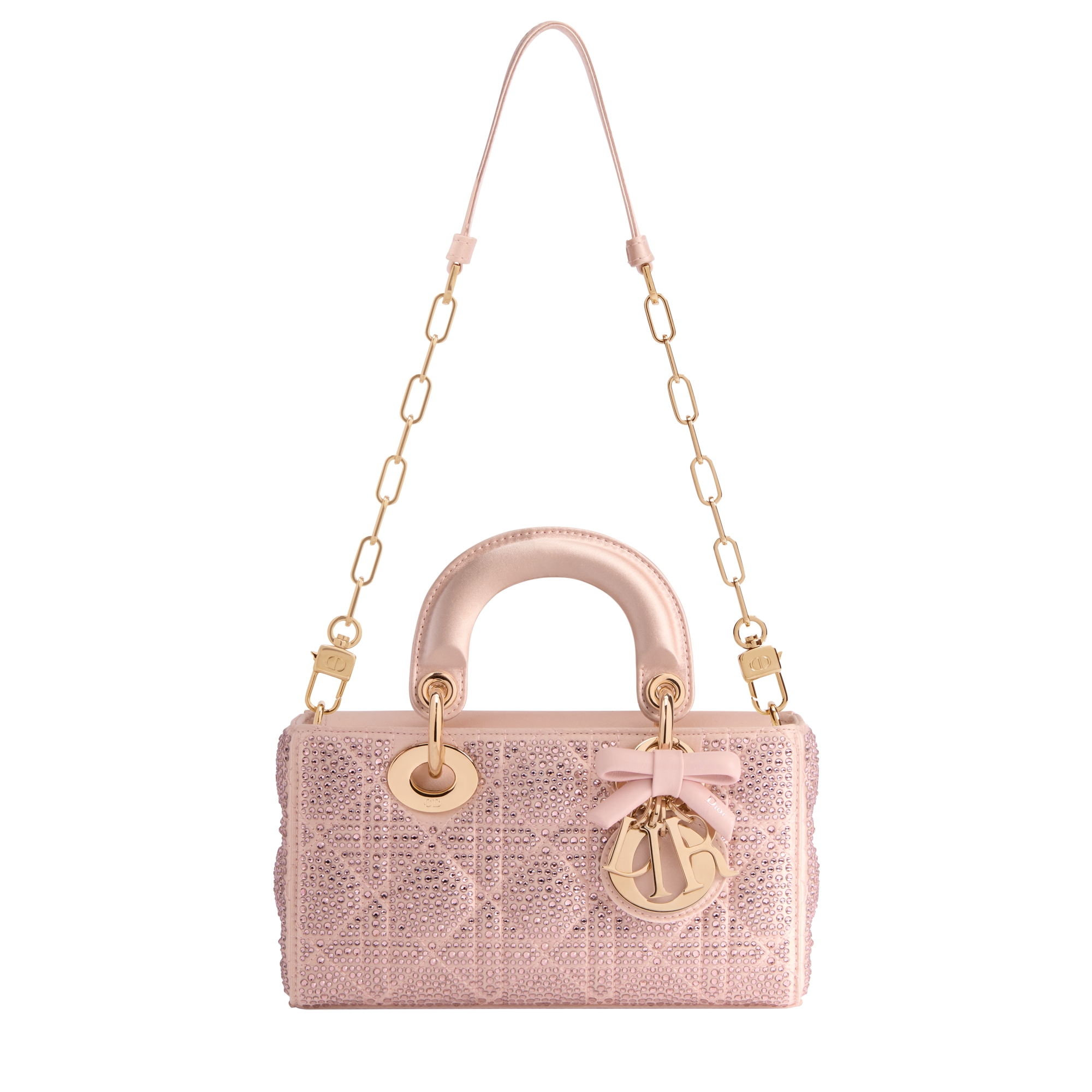Mini Lady D-Joy Bag Pale Pink Cannage Satin and Strass E07