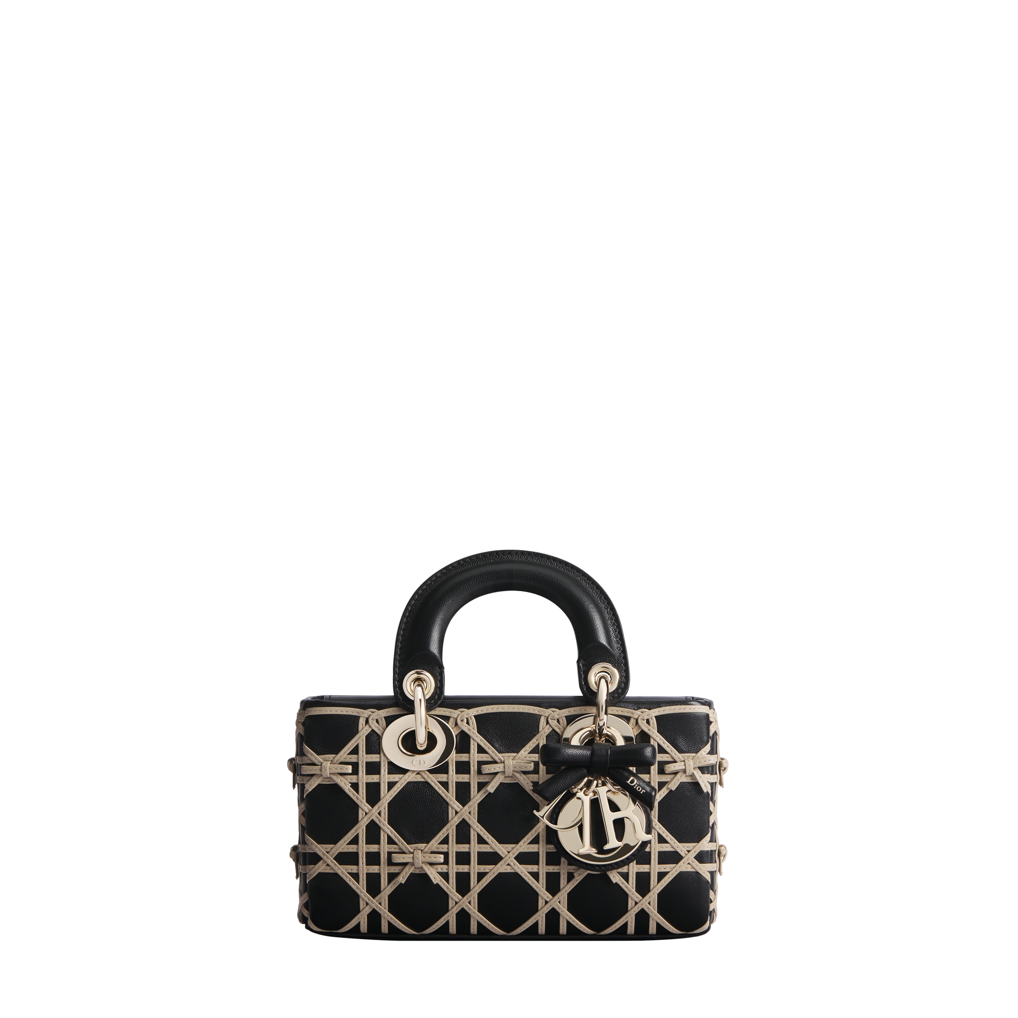 Mini Lady D-Joy Bag Black and Beige Cannage Bow Embroidered Lambskin E01