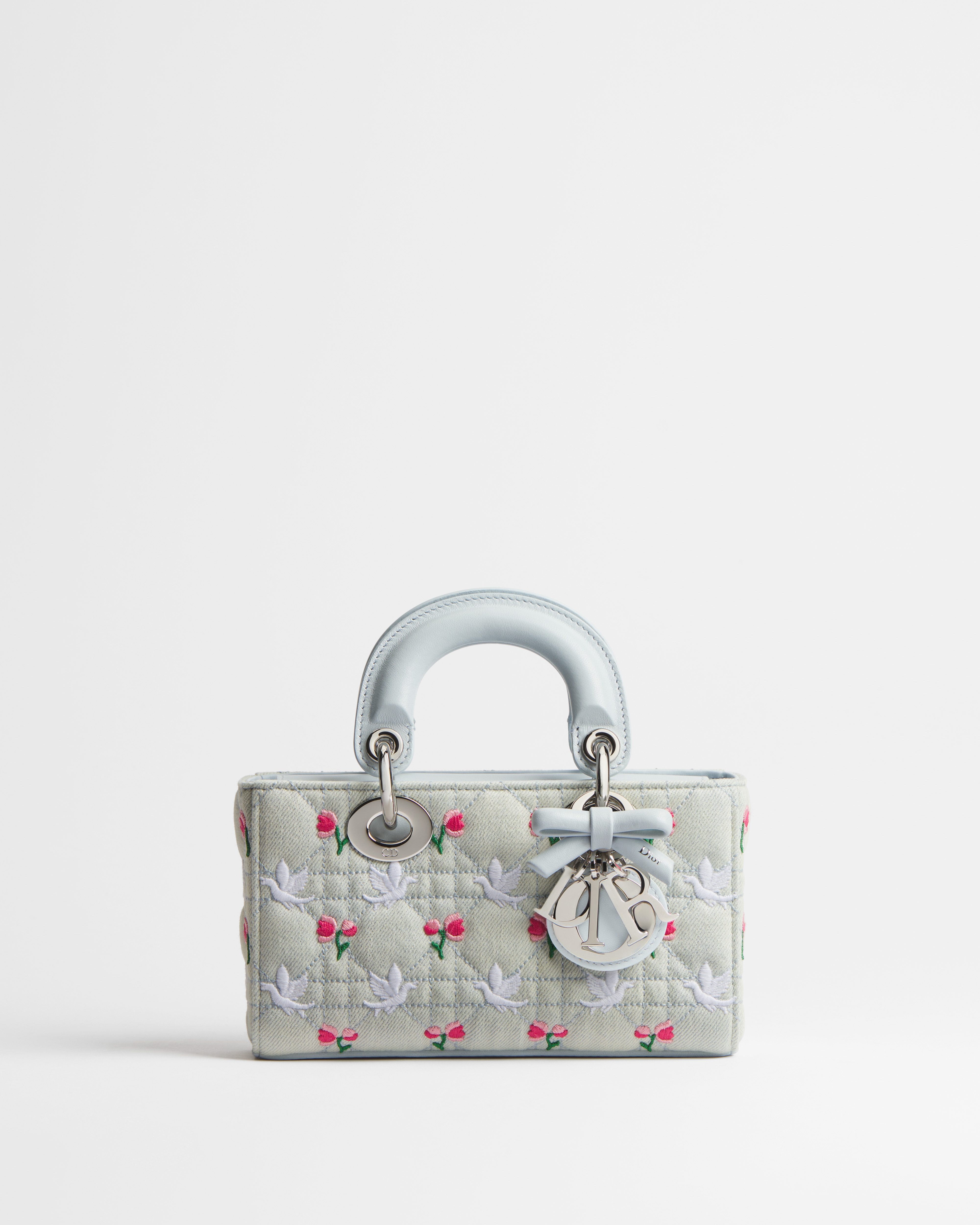 Dioramour Mini Lady D-Joy Bag Blue Cannage Denim Embroidered with Multicolor Doves & Roses Motif E01