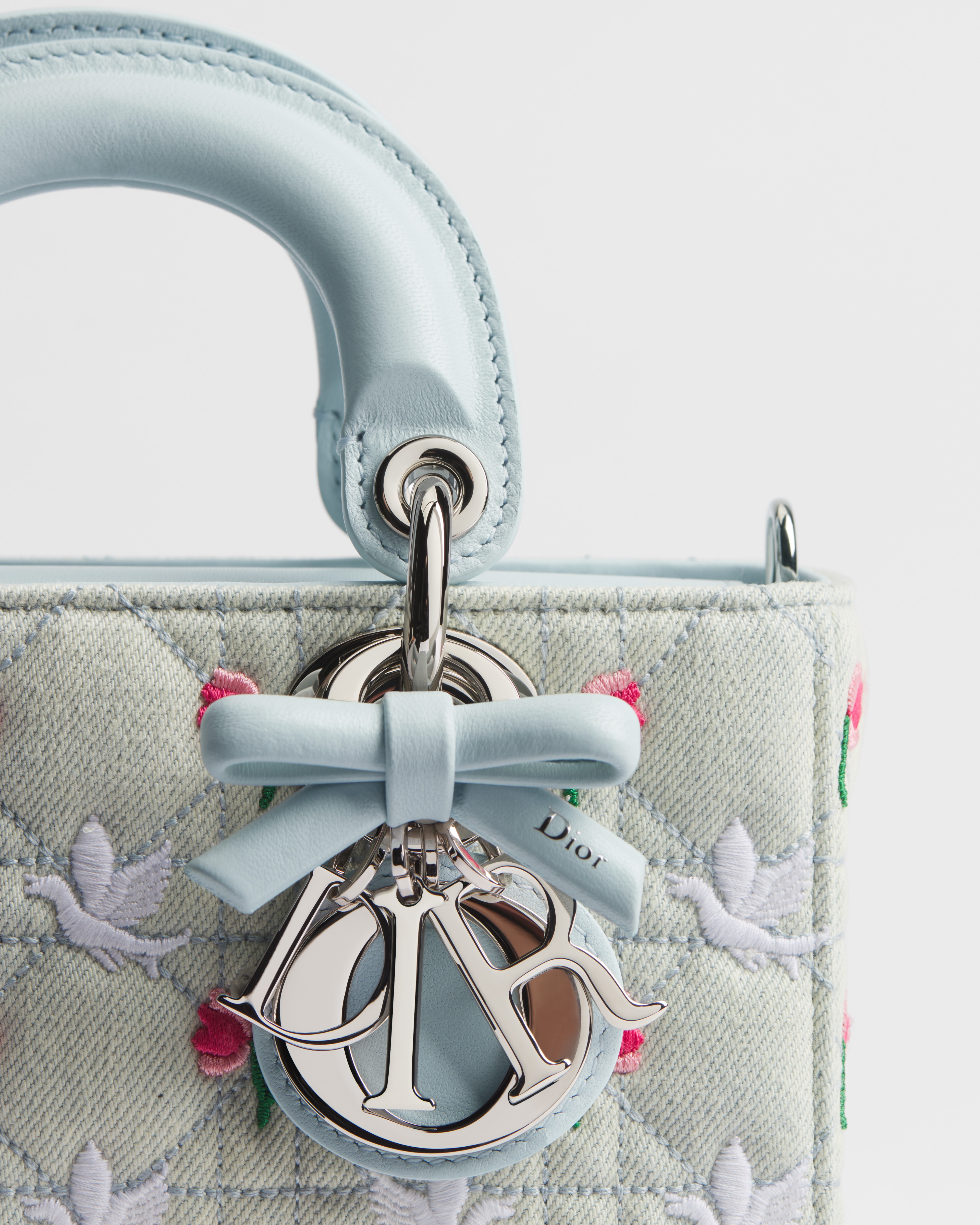 Dioramour Mini Lady D-Joy Bag Blue Cannage Denim Embroidered with Multicolor Doves & Roses Motif E09