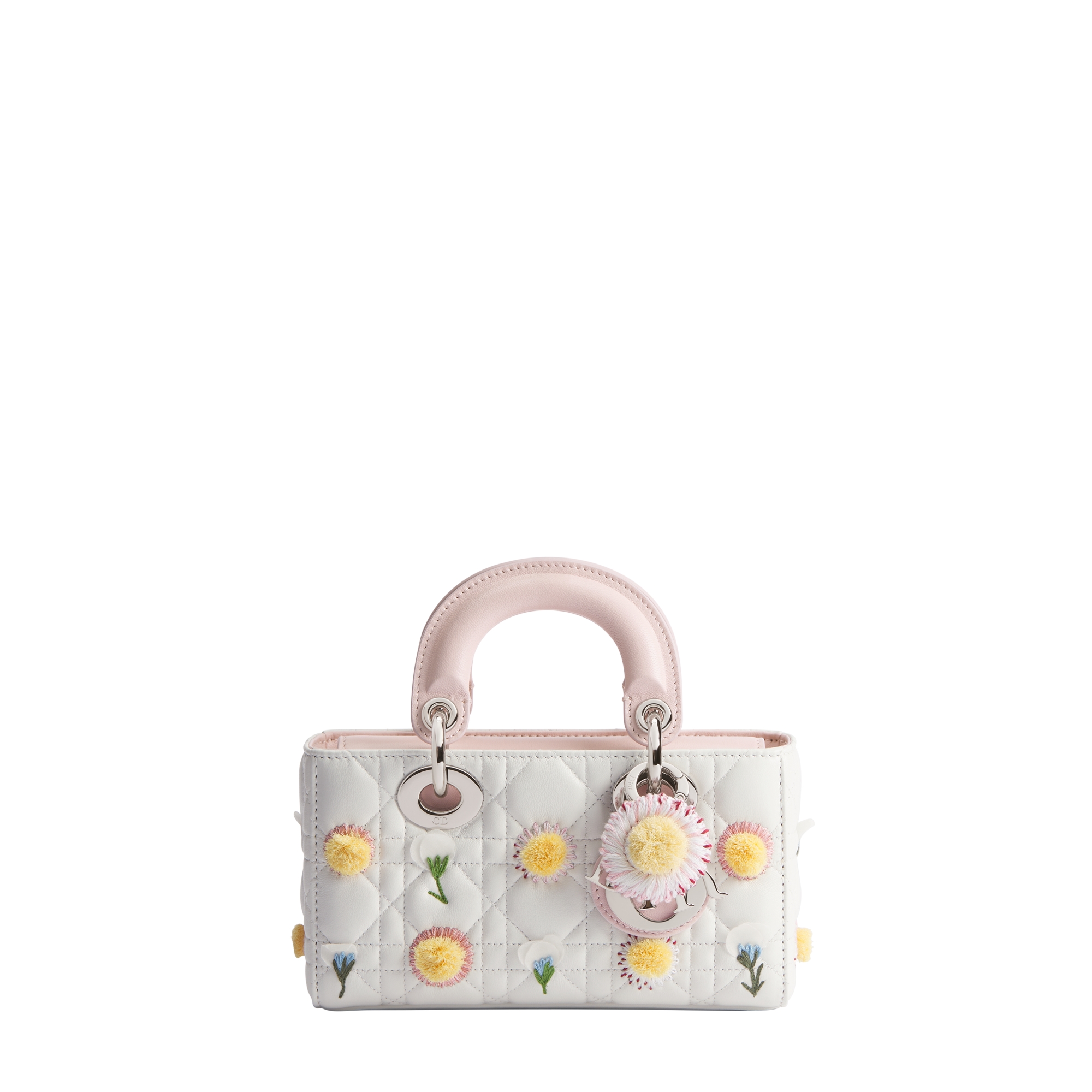 Mini Lady D-Joy Bag White Cannage Lambskin Embroidered with Multicolor Daisy Garden Motif E01