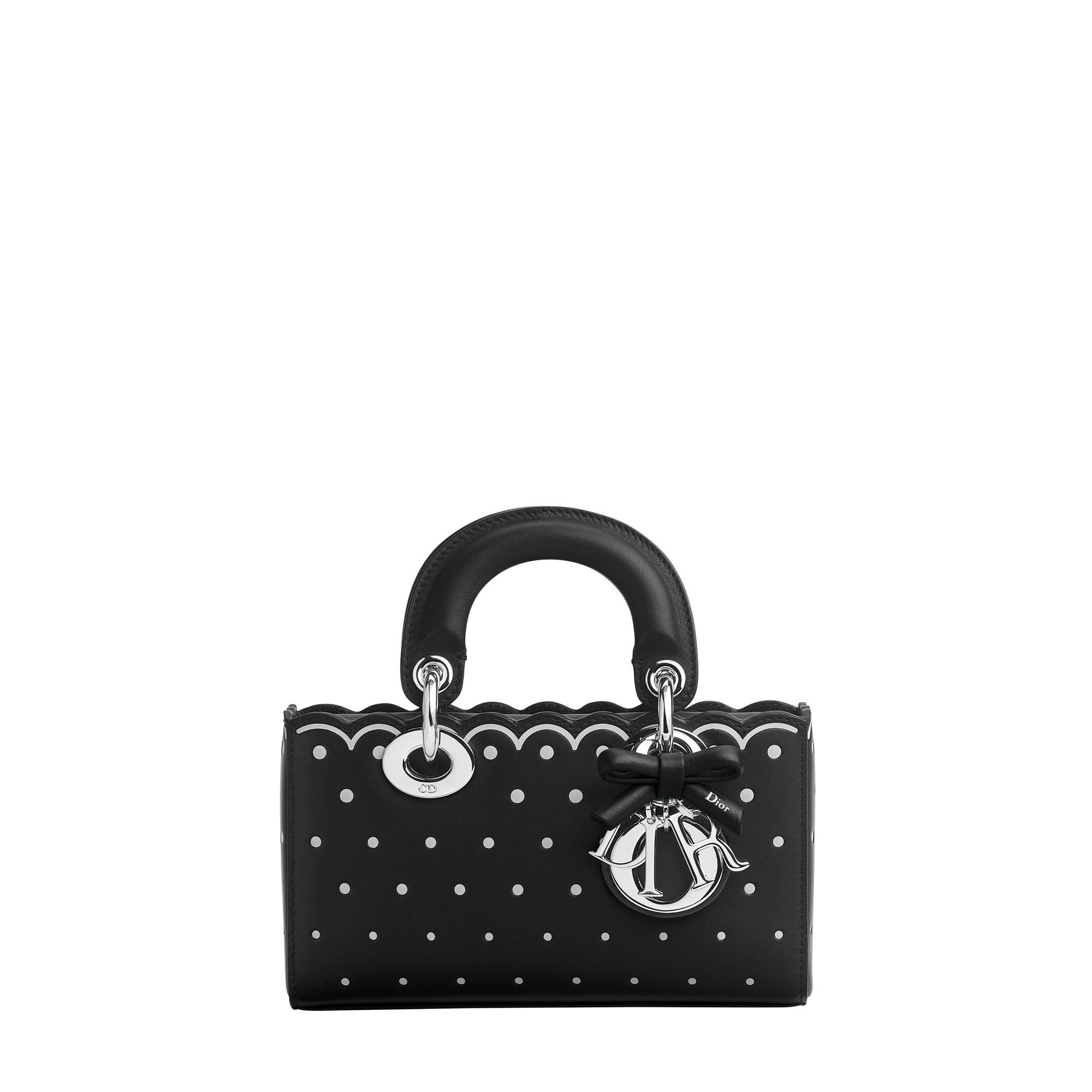 Mini Lady D-Joy Bag Black Calfskin with White Debossed and Printed PolkaDior E01