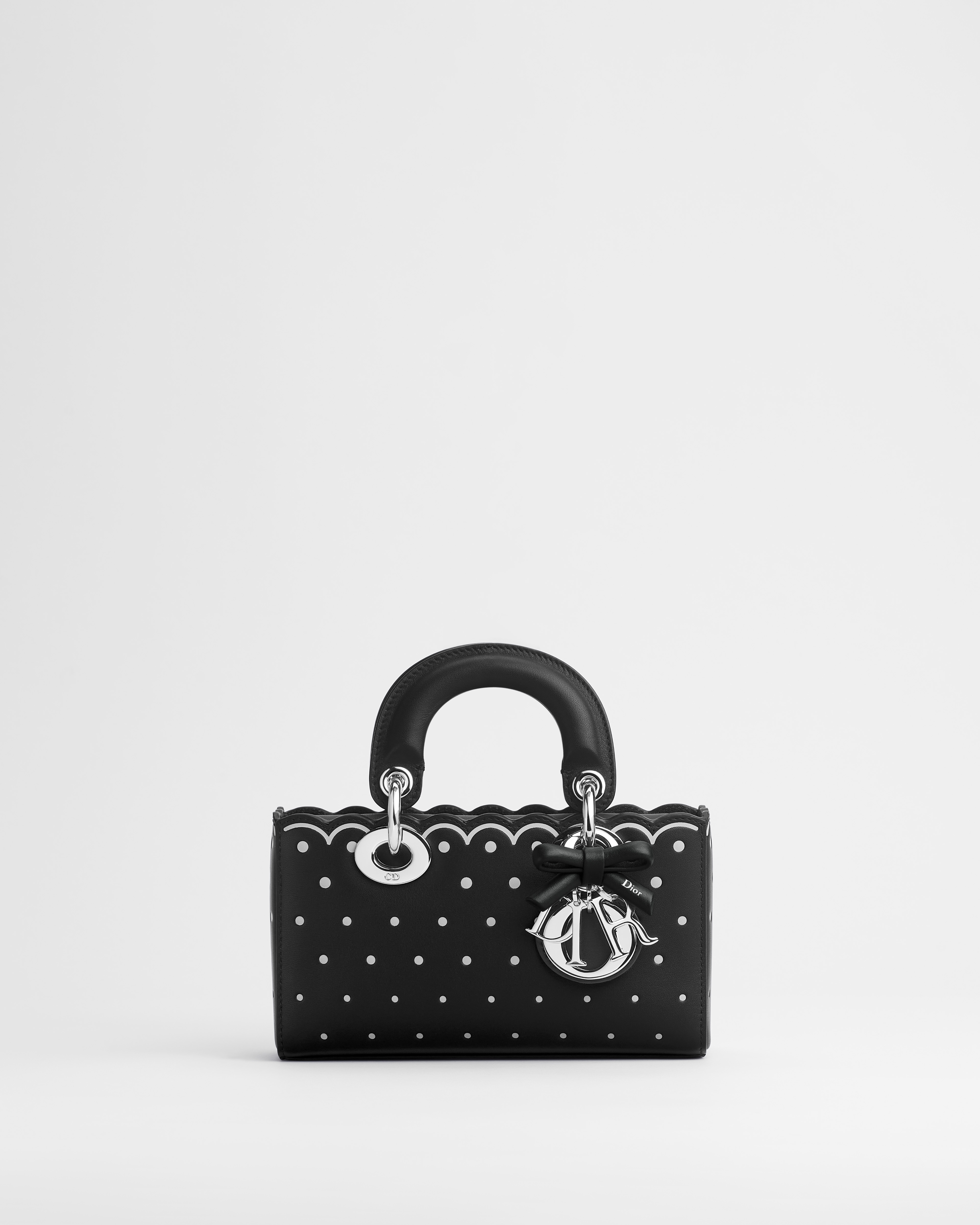 Mini Lady D-Joy Bag Black Calfskin with White Debossed and Printed PolkaDior E01