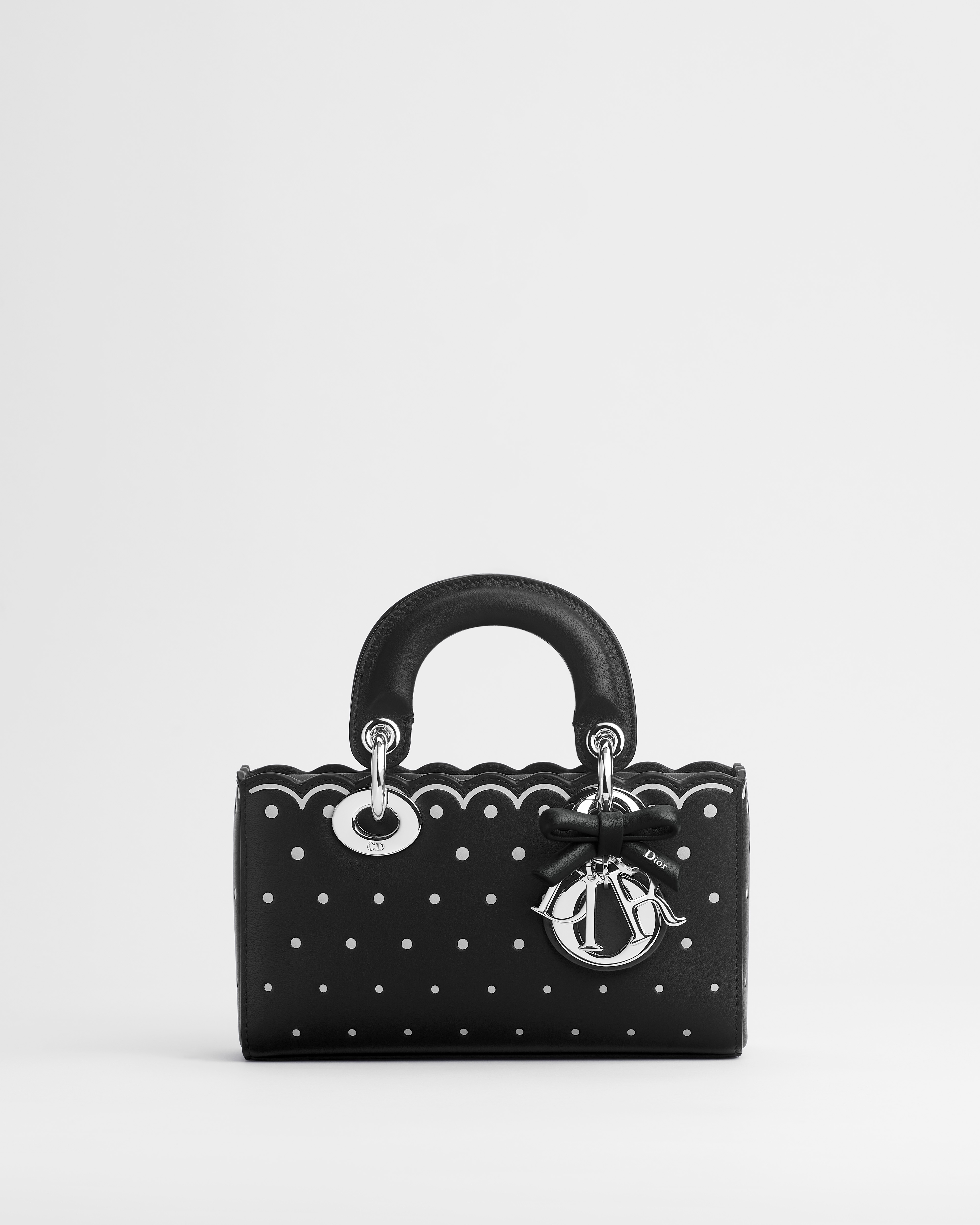 Mini Lady D-Joy Tasche Kalbsleder in Schwarz und PolkaDior Prägung und Print in Weiß E01