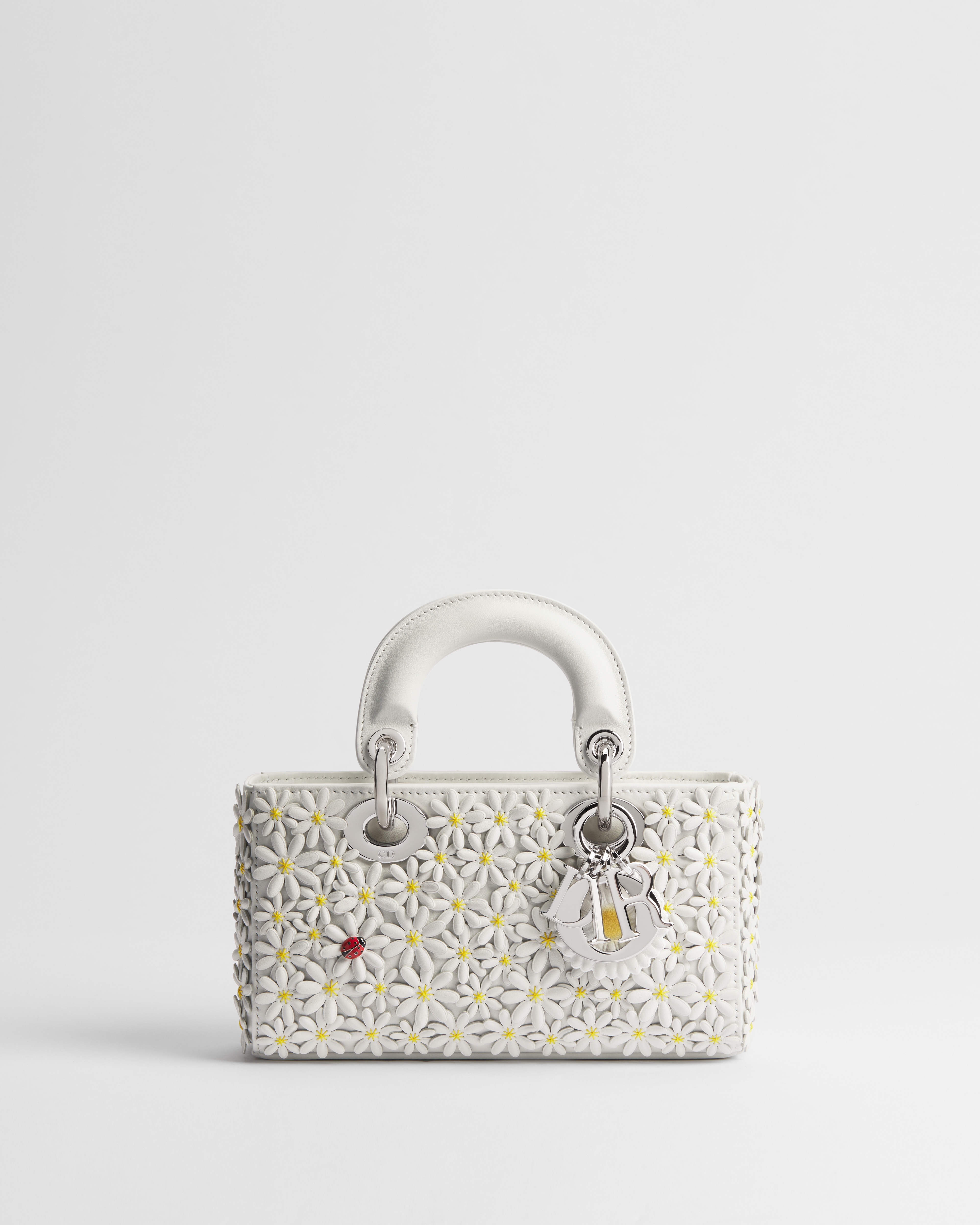 Mini Lady D-Joy Bag White Dior Daisy Allover Embroidered Lambskin E01