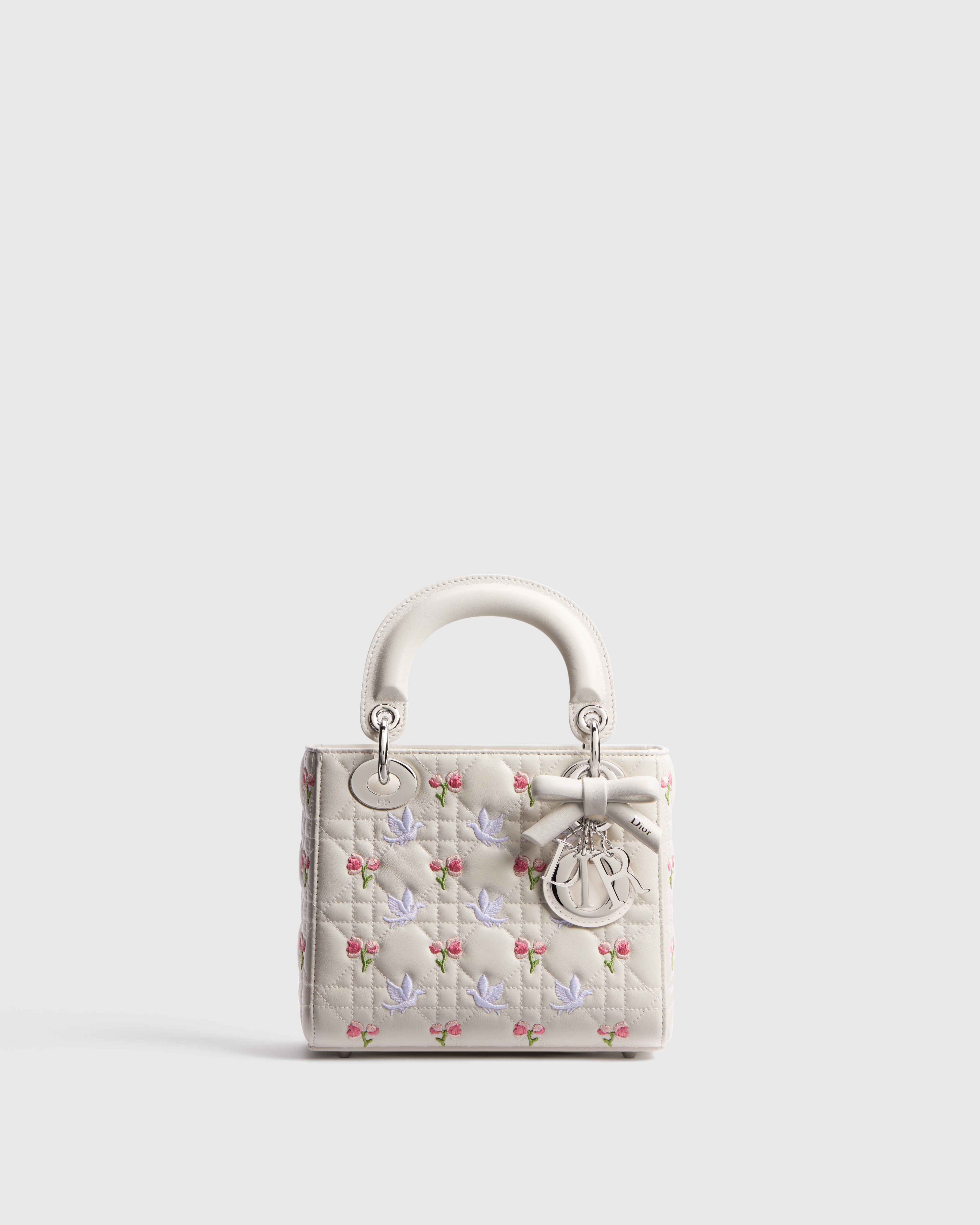 Dioramour Mini Lady Dior Bag with Chain White Cannage Lambskin Embroidered with Multicolor Doves & Roses Motif E01