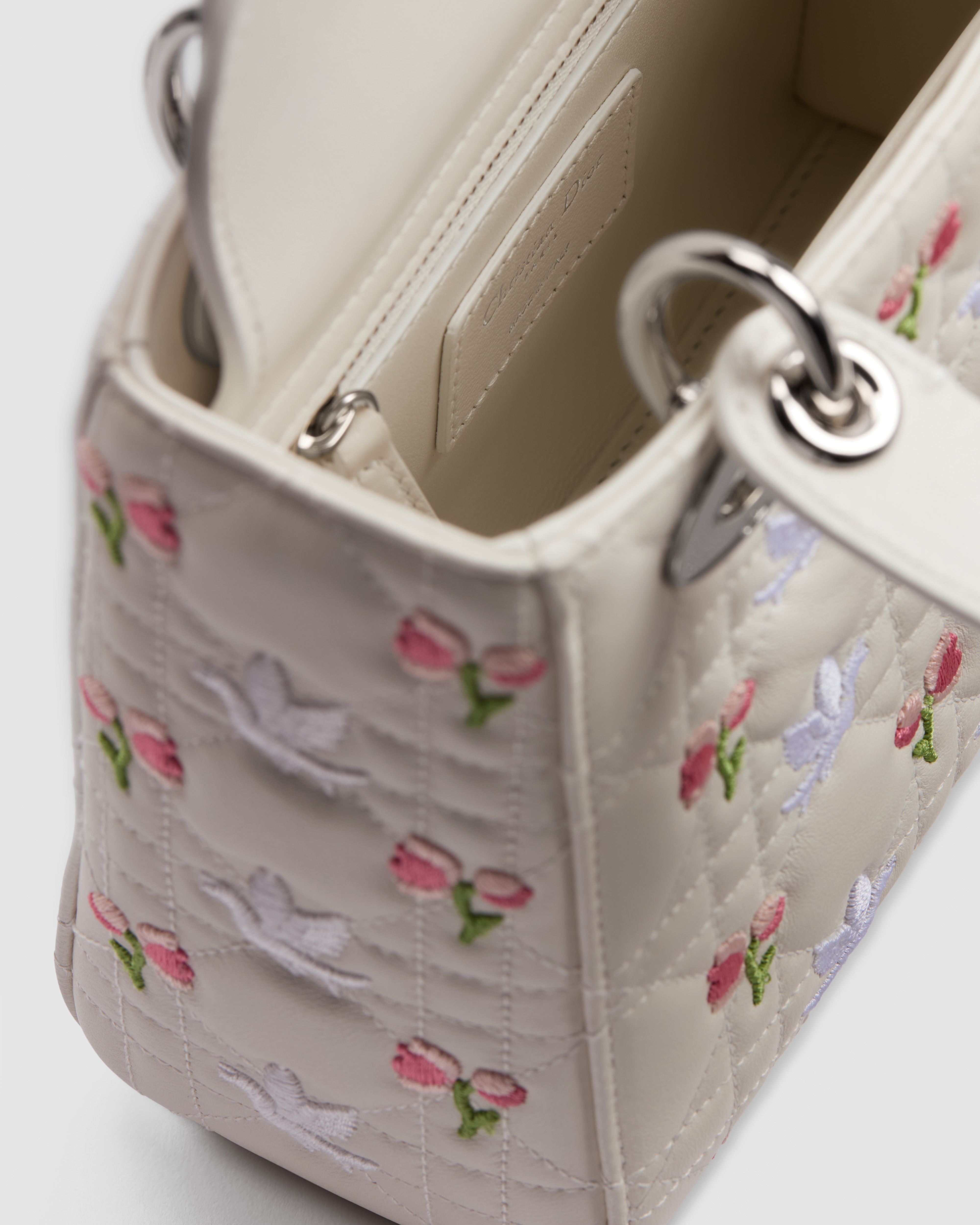 Dioramour Mini Lady Dior Bag with Chain White Cannage Lambskin Embroidered with Multicolor Doves & Roses Motif E10