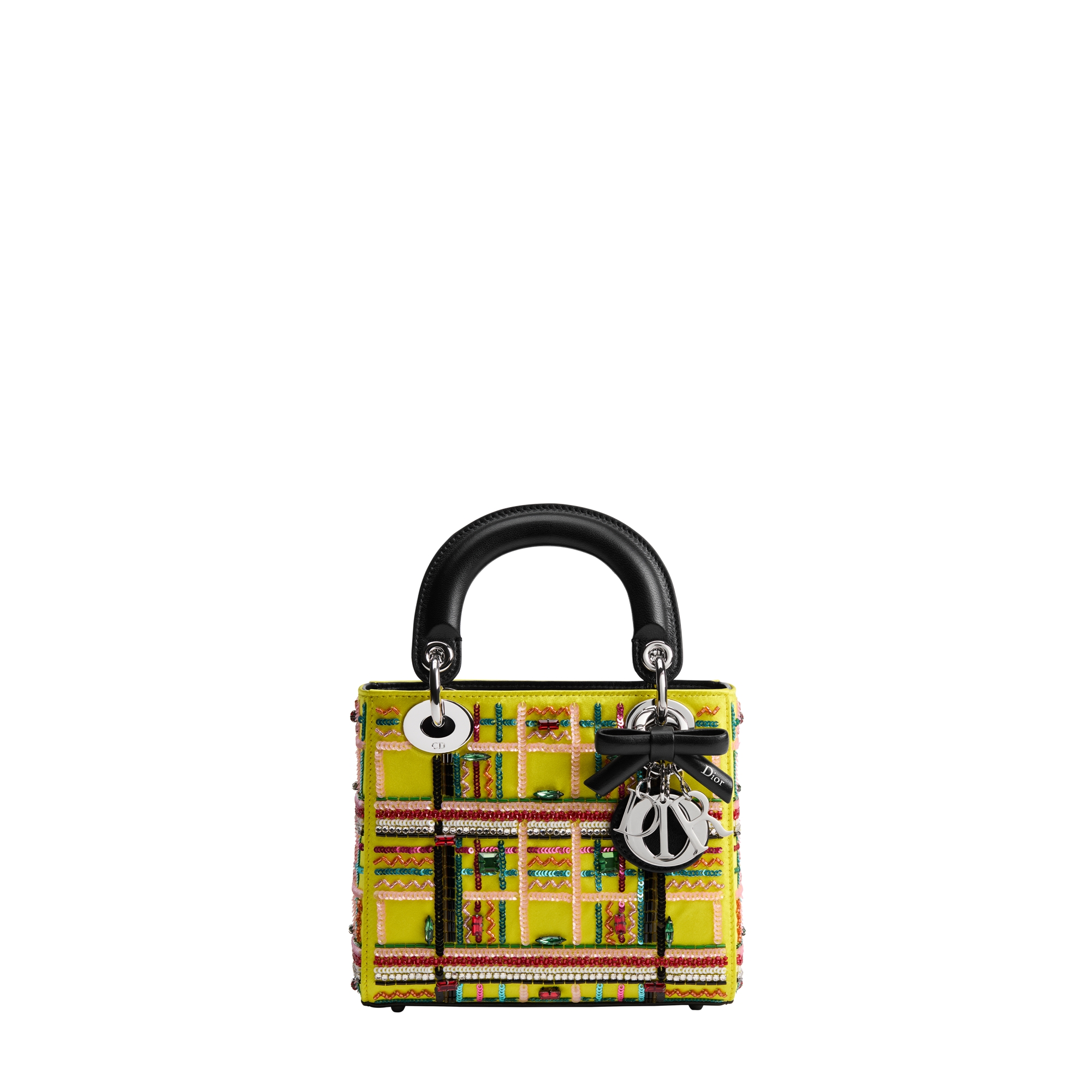 Mini Lady Dior Bag with Chain Yellow Satin Embroidered with