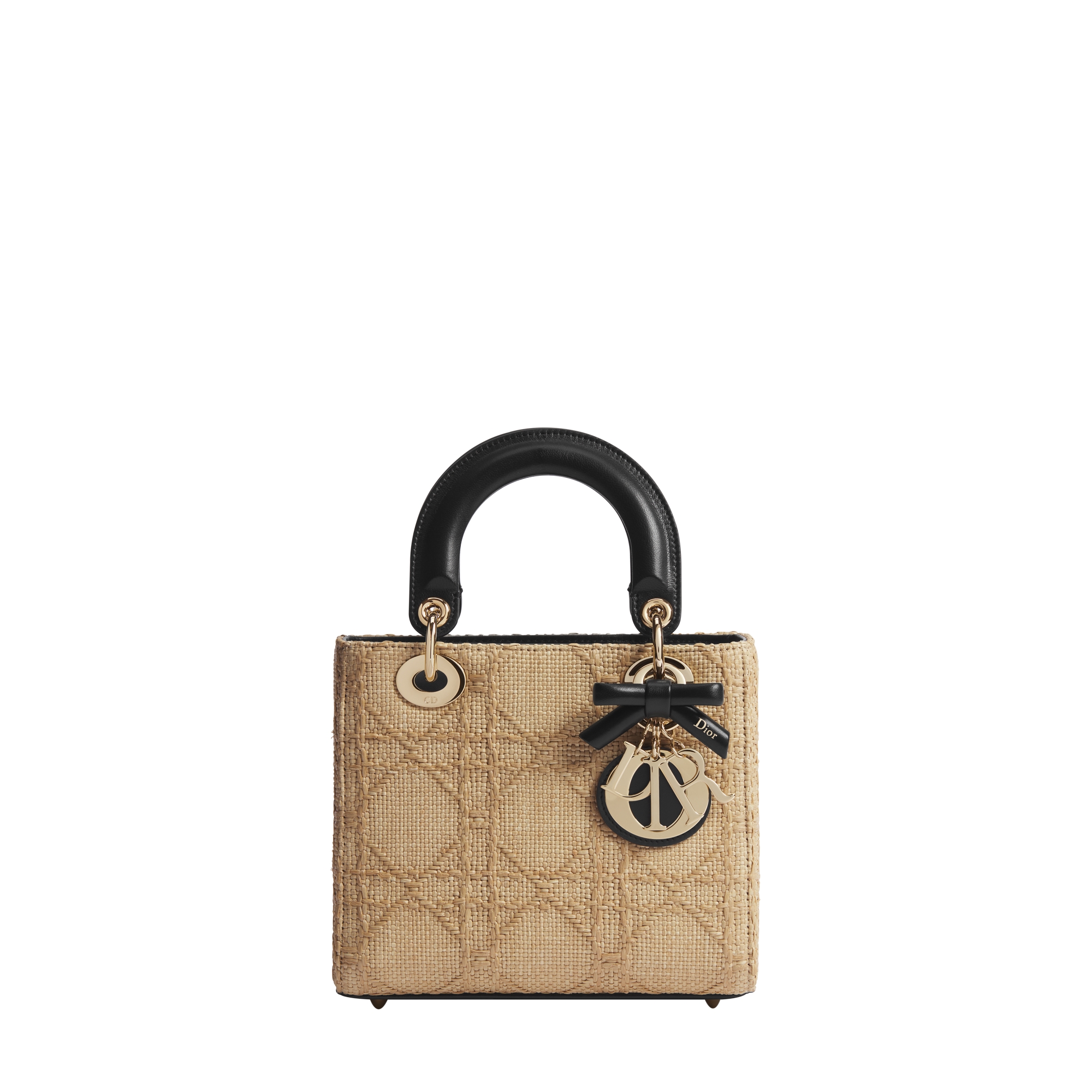 Small Lady Dior Bag with Strap Natural Cannage Raffia-Effect