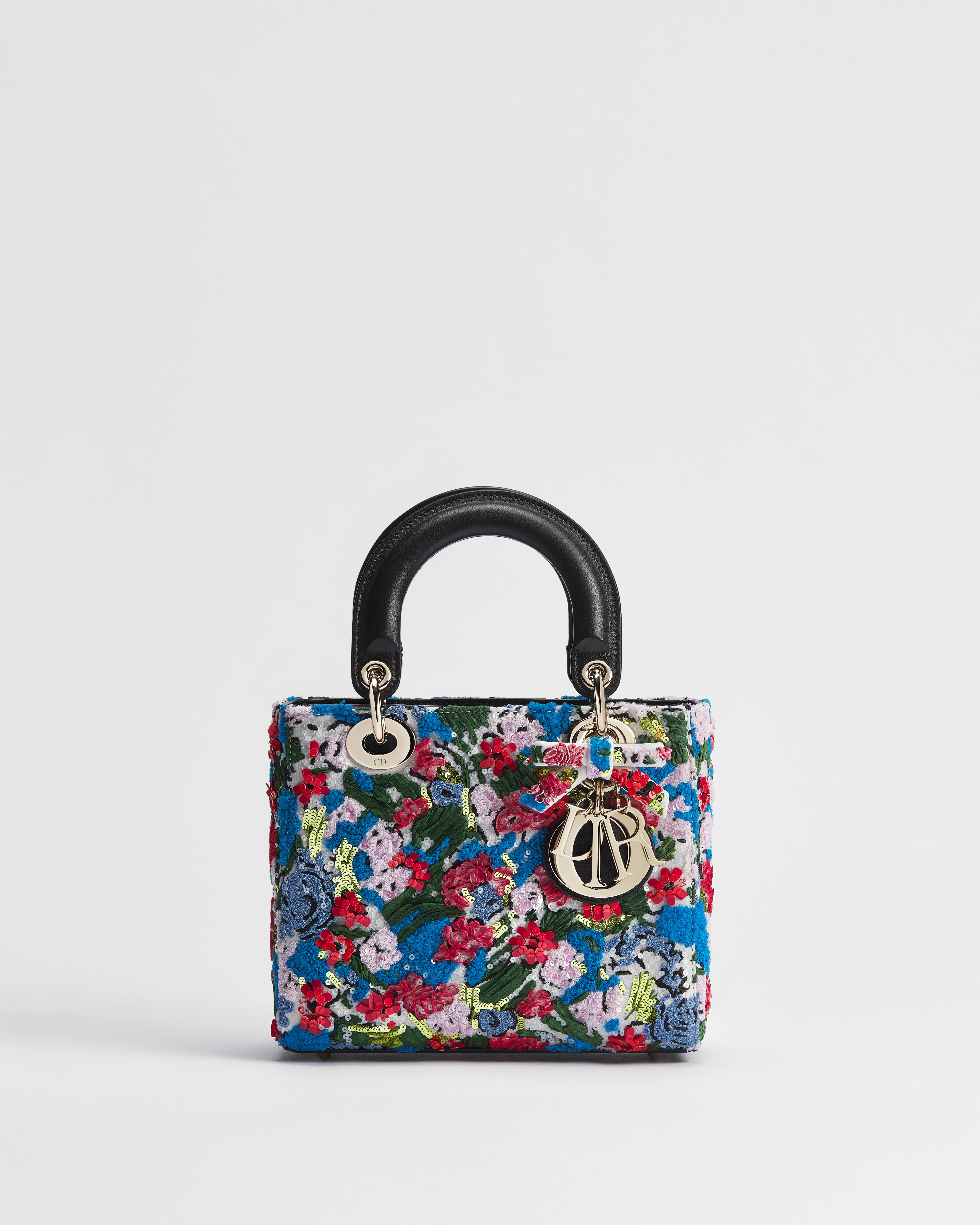 Borsa a tracolla piccola Lady Dior Dioriviera Raso multicolore ricamato con fiori di perline, paillettes e madreperla E01