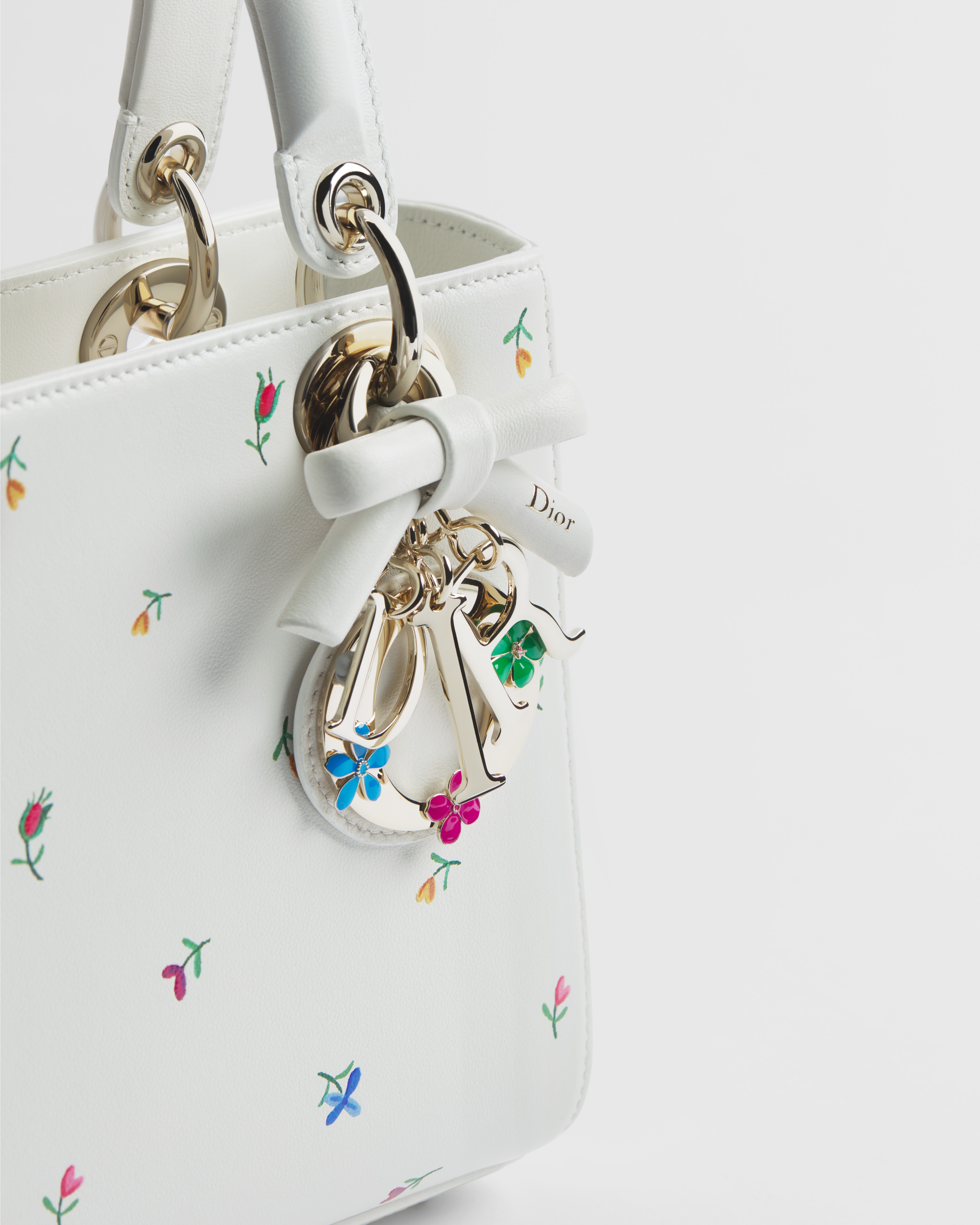 Kleine Dioramour Lady Dior Tasche mit Trageriemen Lammleder in Weiß mit Revolution Flowers Motiv in mehreren Farben E09
