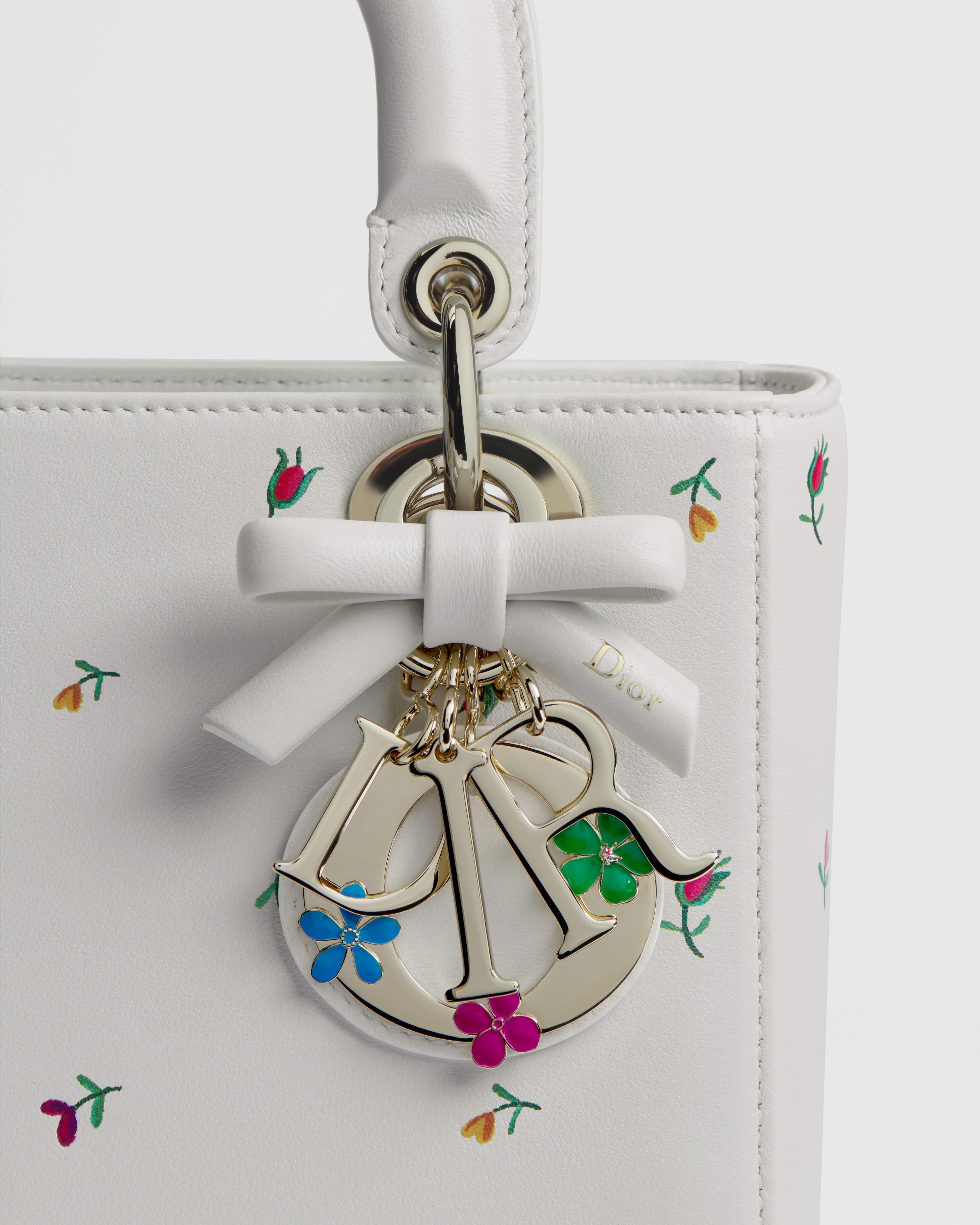 Kleine Dioramour Lady Dior Tasche mit Trageriemen Lammleder in Weiß mit Revolution Flowers Motiv in mehreren Farben E10