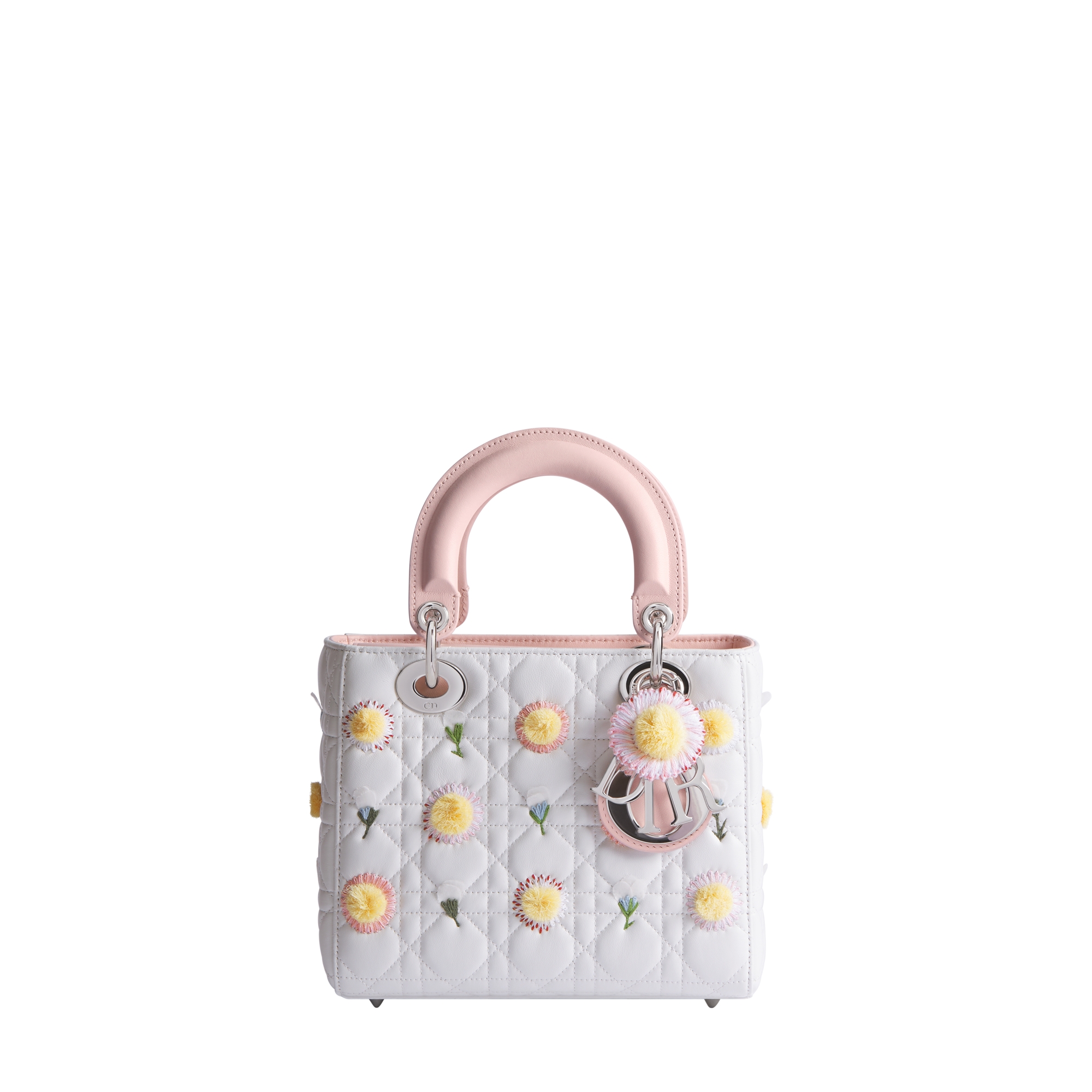 Small Lady Dior Bag with Strap White Cannage Lambskin Embroidered