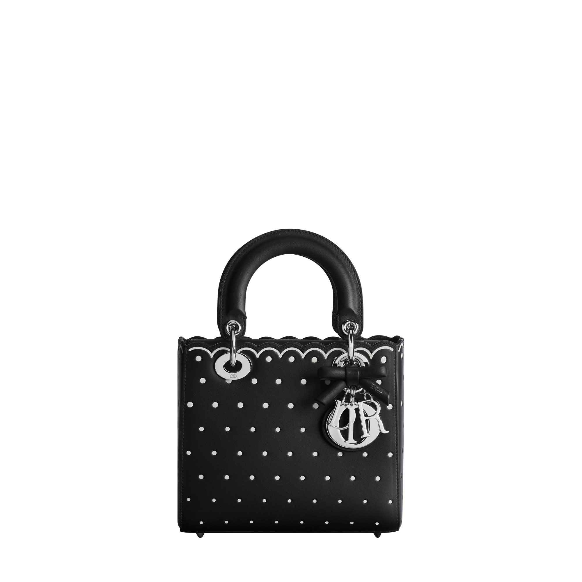 Small Lady Dior Bag with Strap Black Calfskin with White Debossed and Printed PolkaDior E01