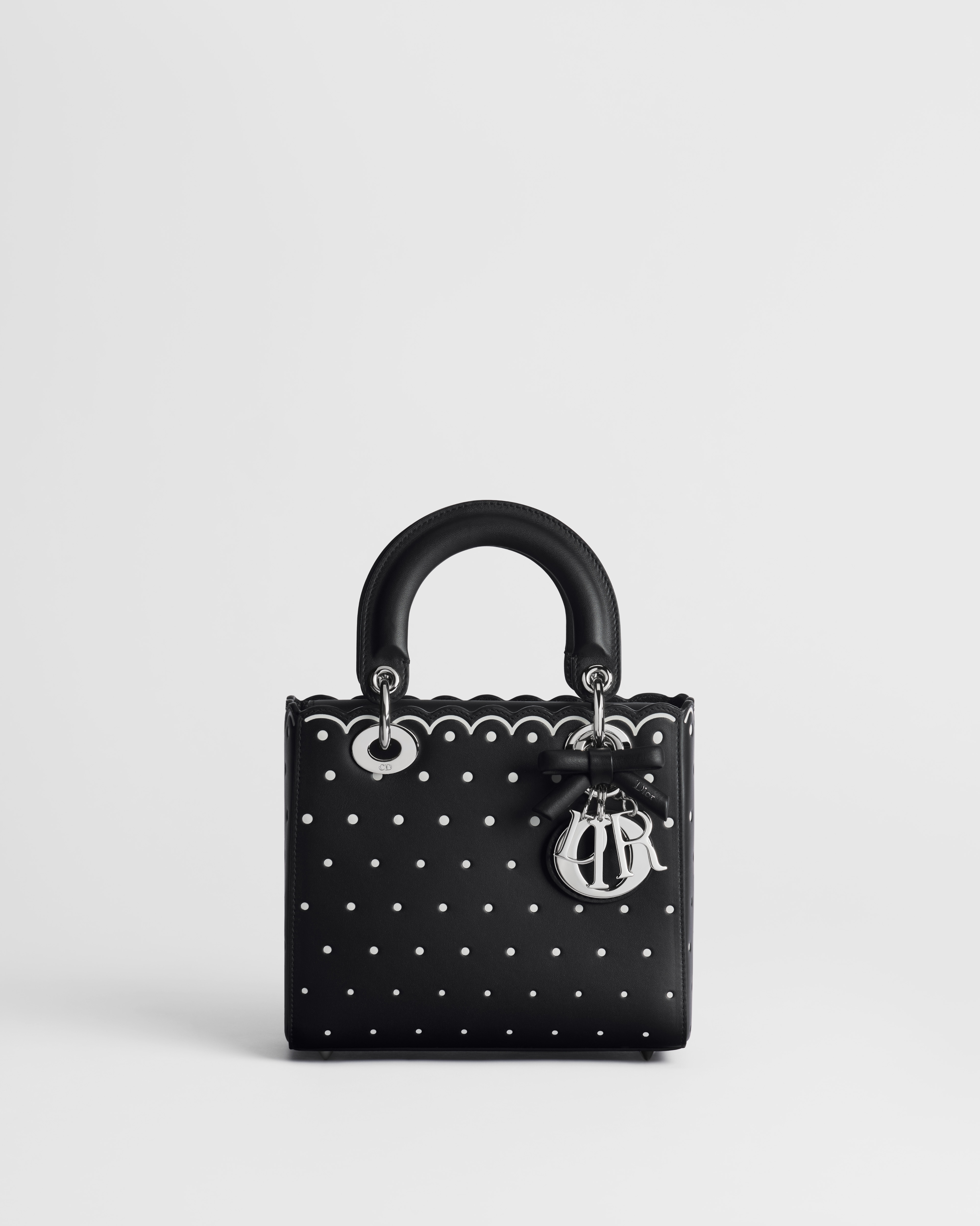 Sac Lady Dior Small à bandoulière Cuir de veau noir débossé et imprimé PolkaDior blanc E01