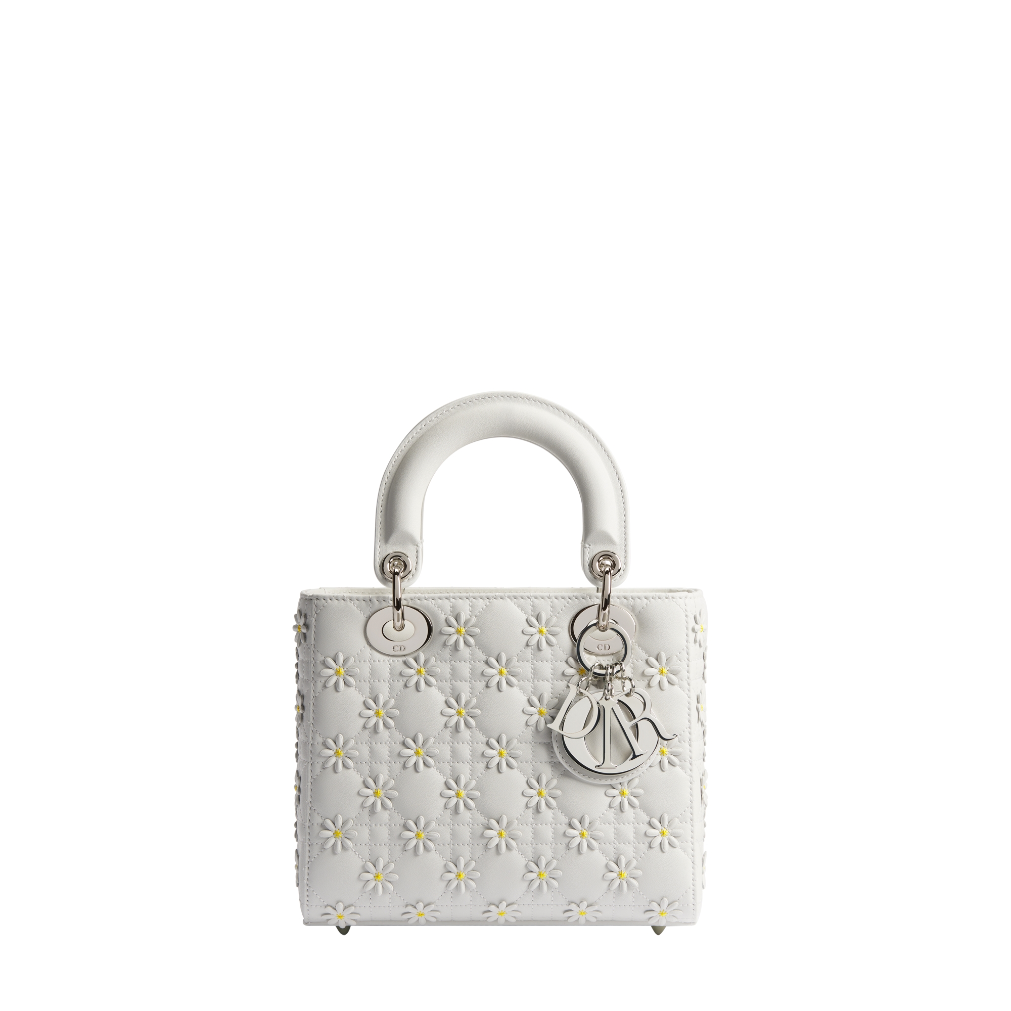 Small Lady Dior Bag with Strap White Dior Daisy Embroidered