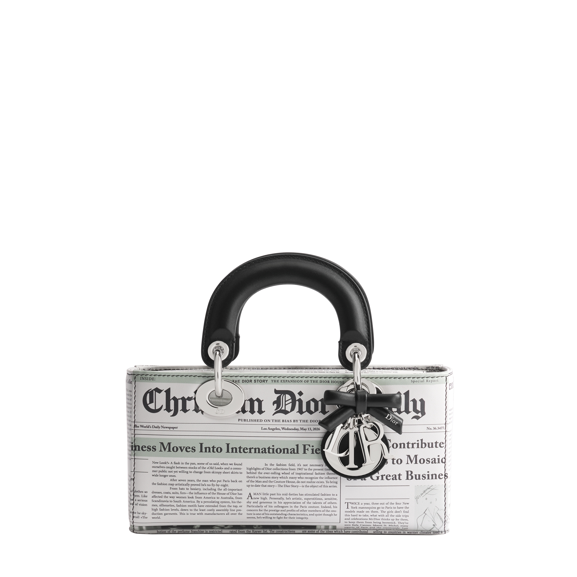 Small Lady D-Joy Bag White and Black Newspaper Printed Calfskin