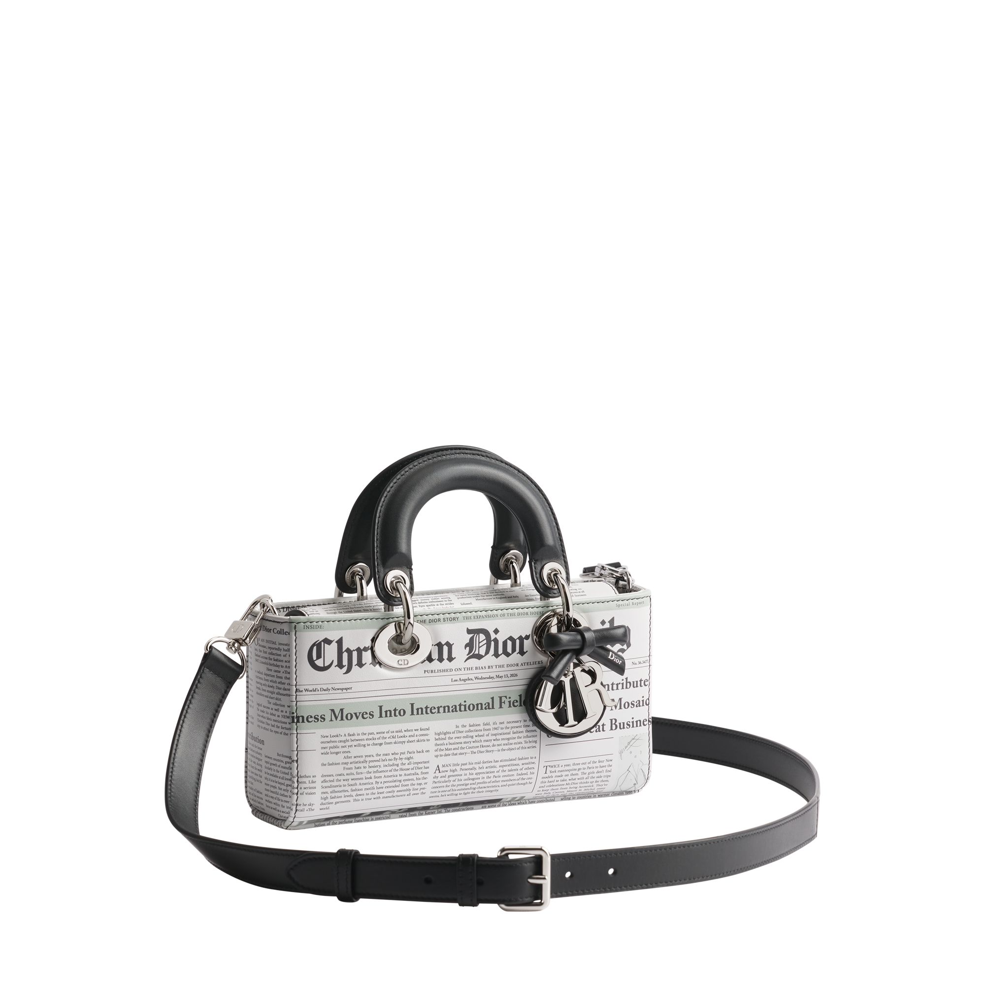Small Lady D-Joy Bag White and Black Newspaper Printed Calfskin E03