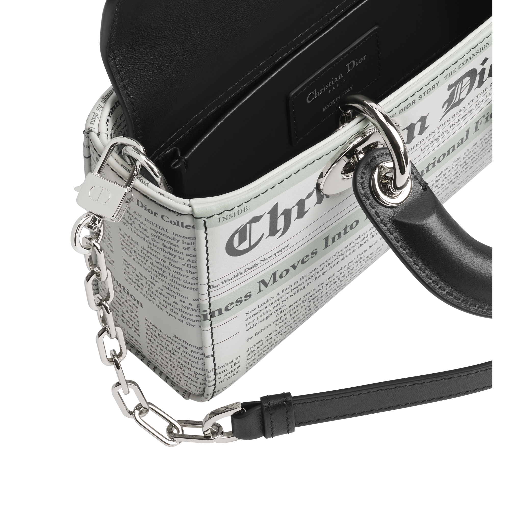 Small Lady D-Joy Bag White and Black Newspaper Printed Calfskin E06