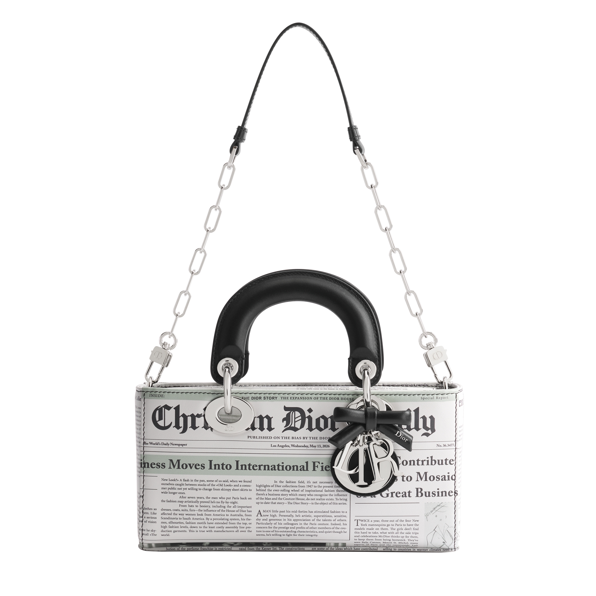 Small Lady D-Joy Bag White and Black Newspaper Printed Calfskin E07