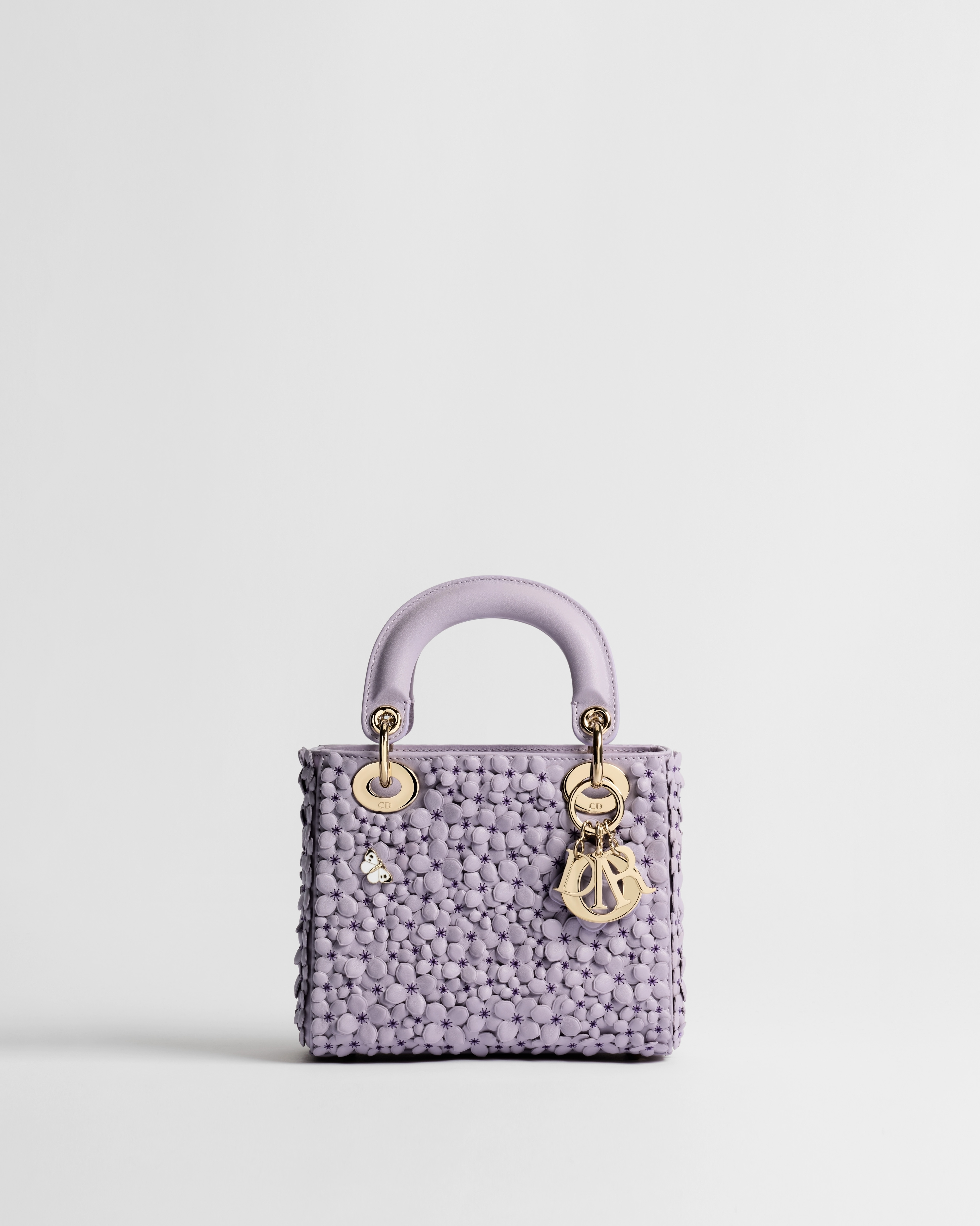 Borsa mini Lady Dior con tracolla Pelle di agnello Lilas con motivo Dior Hortensia Allover ricamato E01