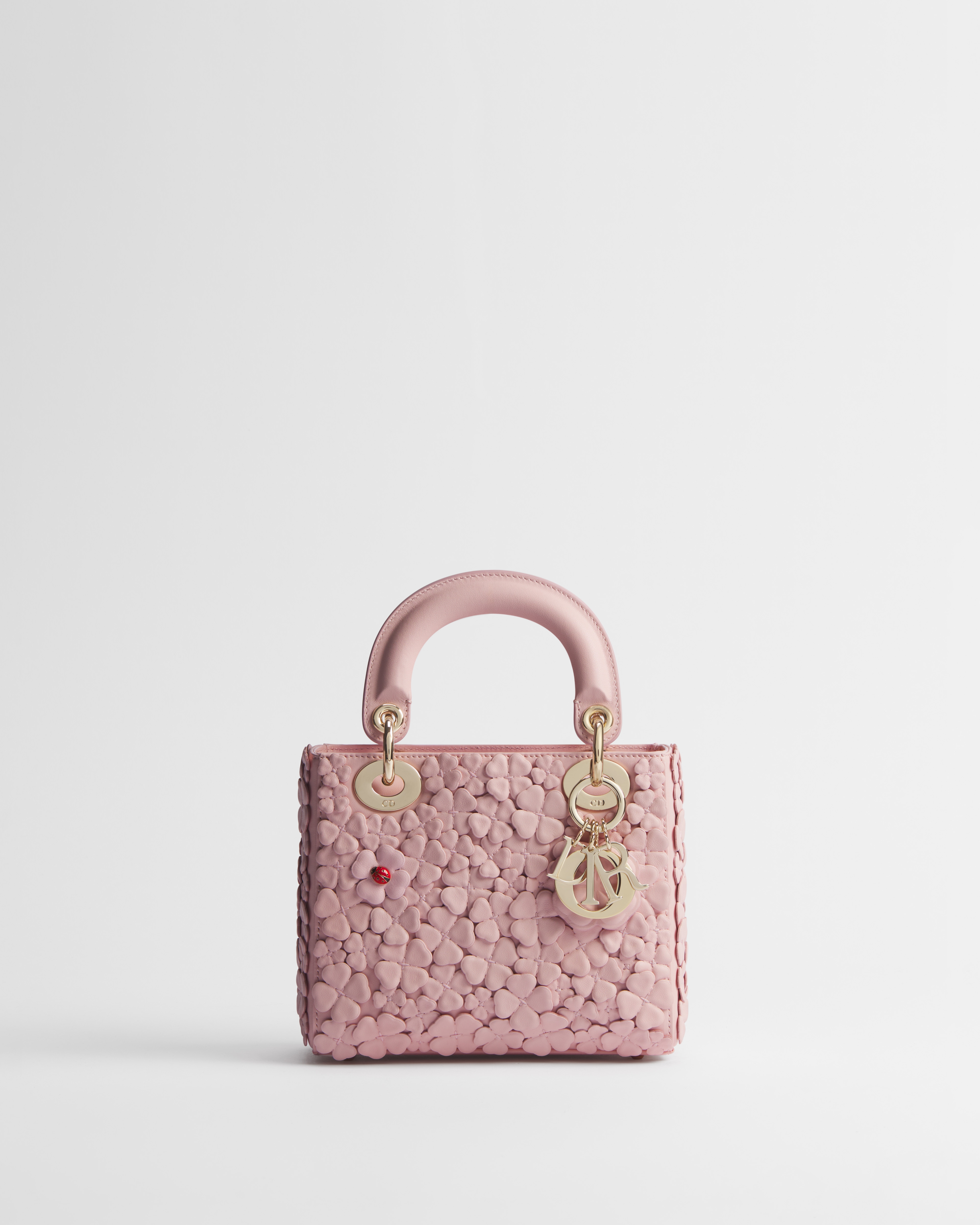 Mini Lady Dior Bag with Strap Rose Soupir Dior Clover Allover Embroidered Lambskin E01