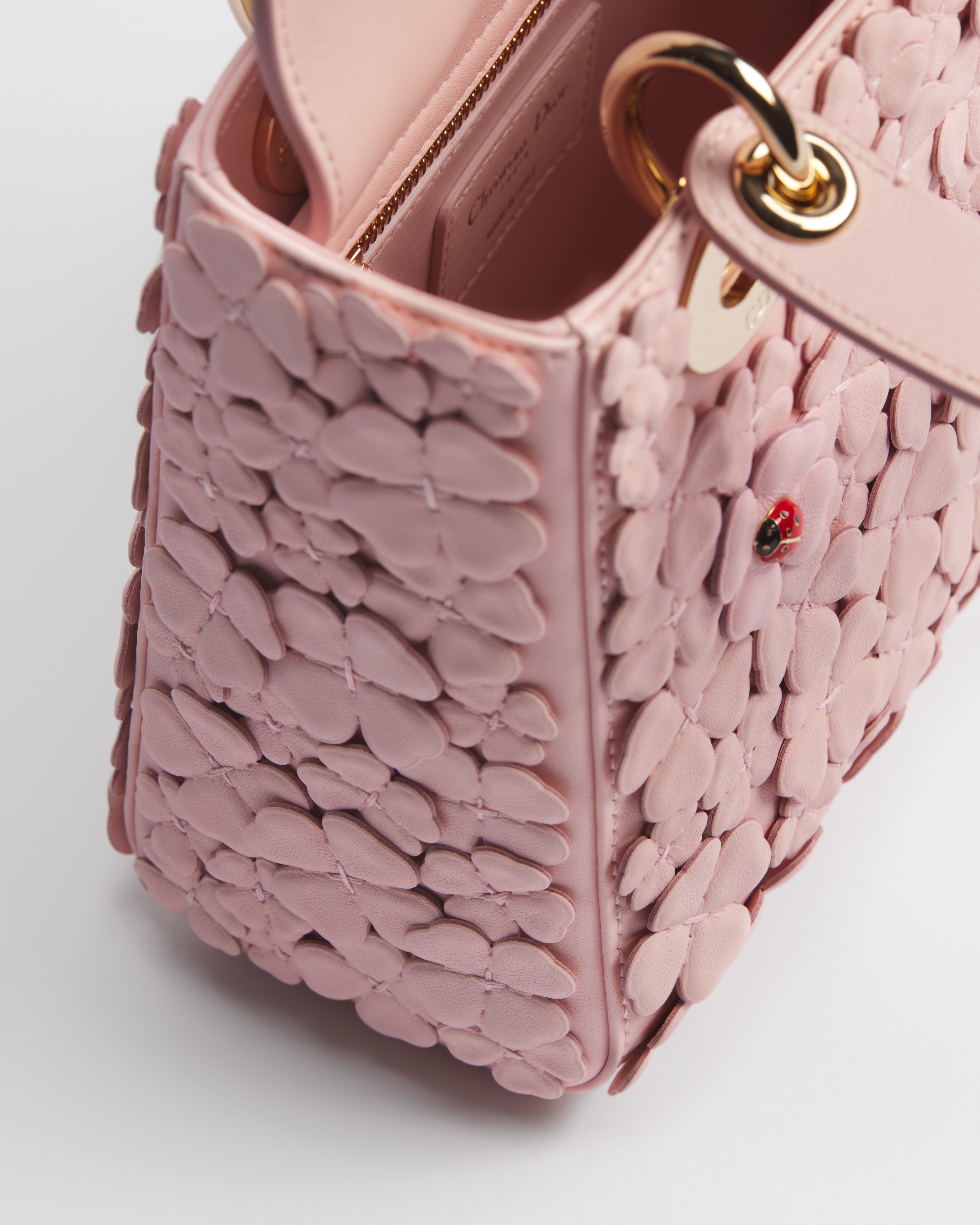 Mini Lady Dior Bag with Strap Rose Soupir Dior Clover Allover Embroidered Lambskin E06