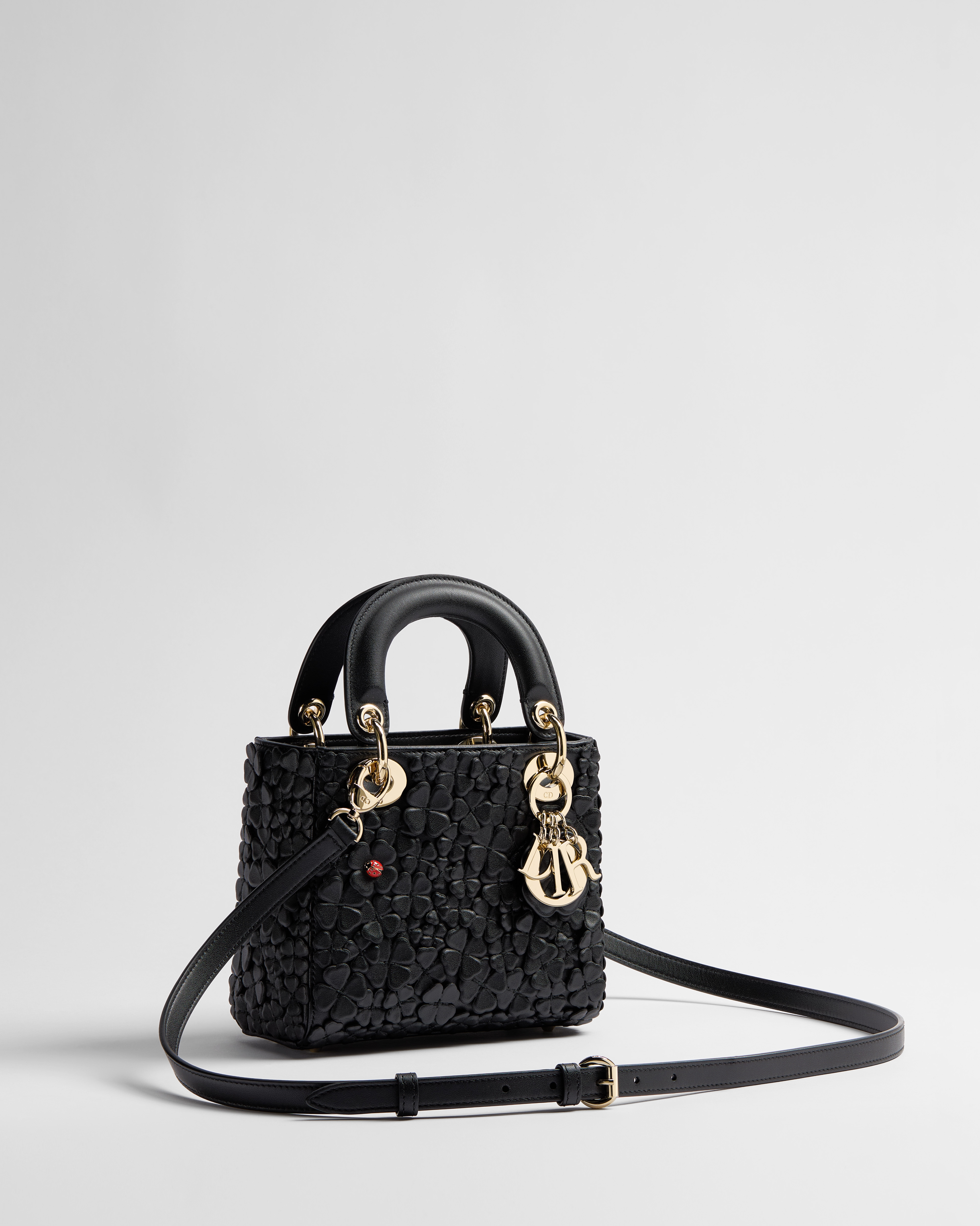 Mini Lady Dior Bag with Strap Black Dior Clover Allover Embroidered Lambskin E03