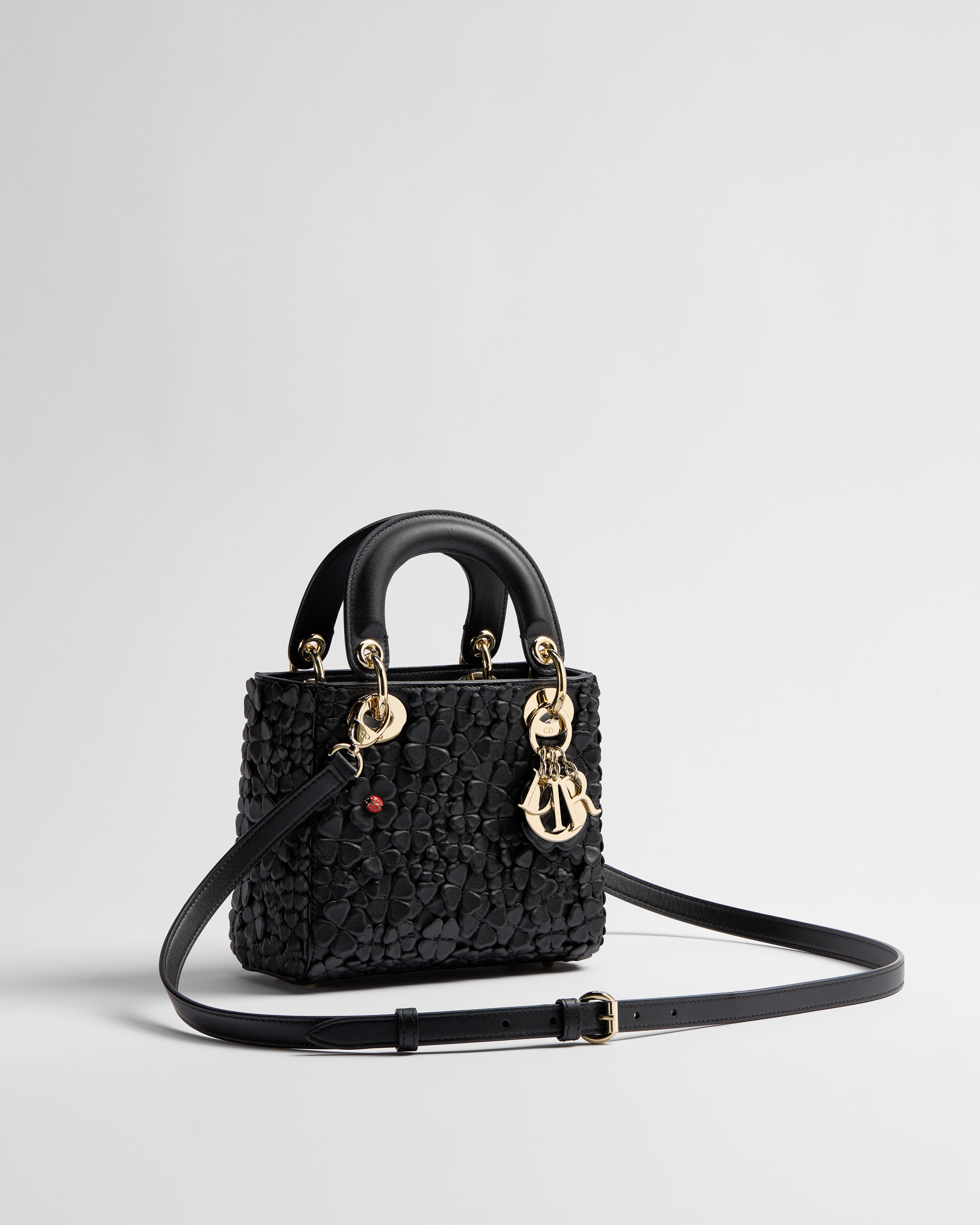Mini Lady Dior Bag with Strap Black Dior Clover Allover Embroidered Lambskin E03
