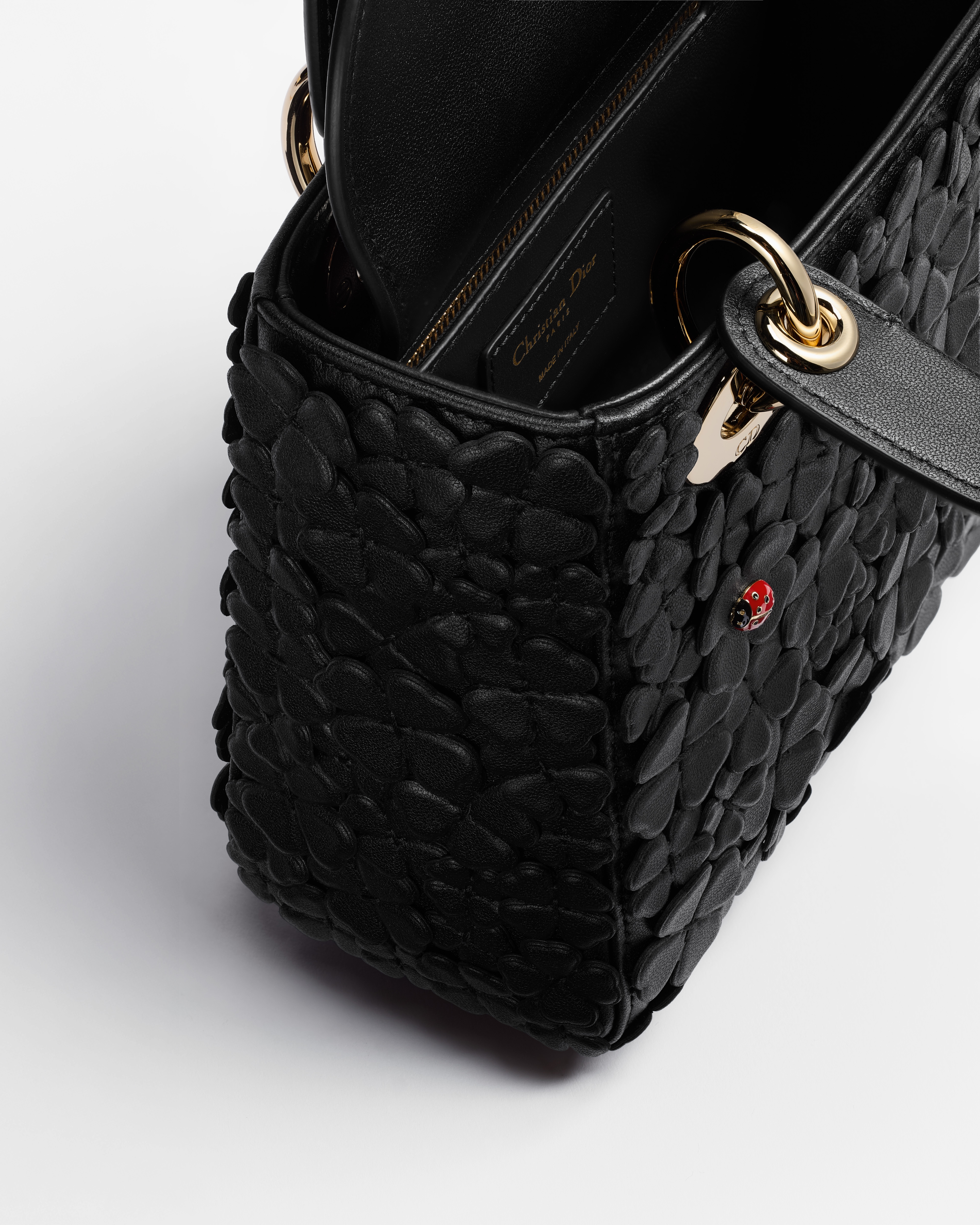 Mini Lady Dior Bag with Strap Black Dior Clover Allover Embroidered Lambskin E06