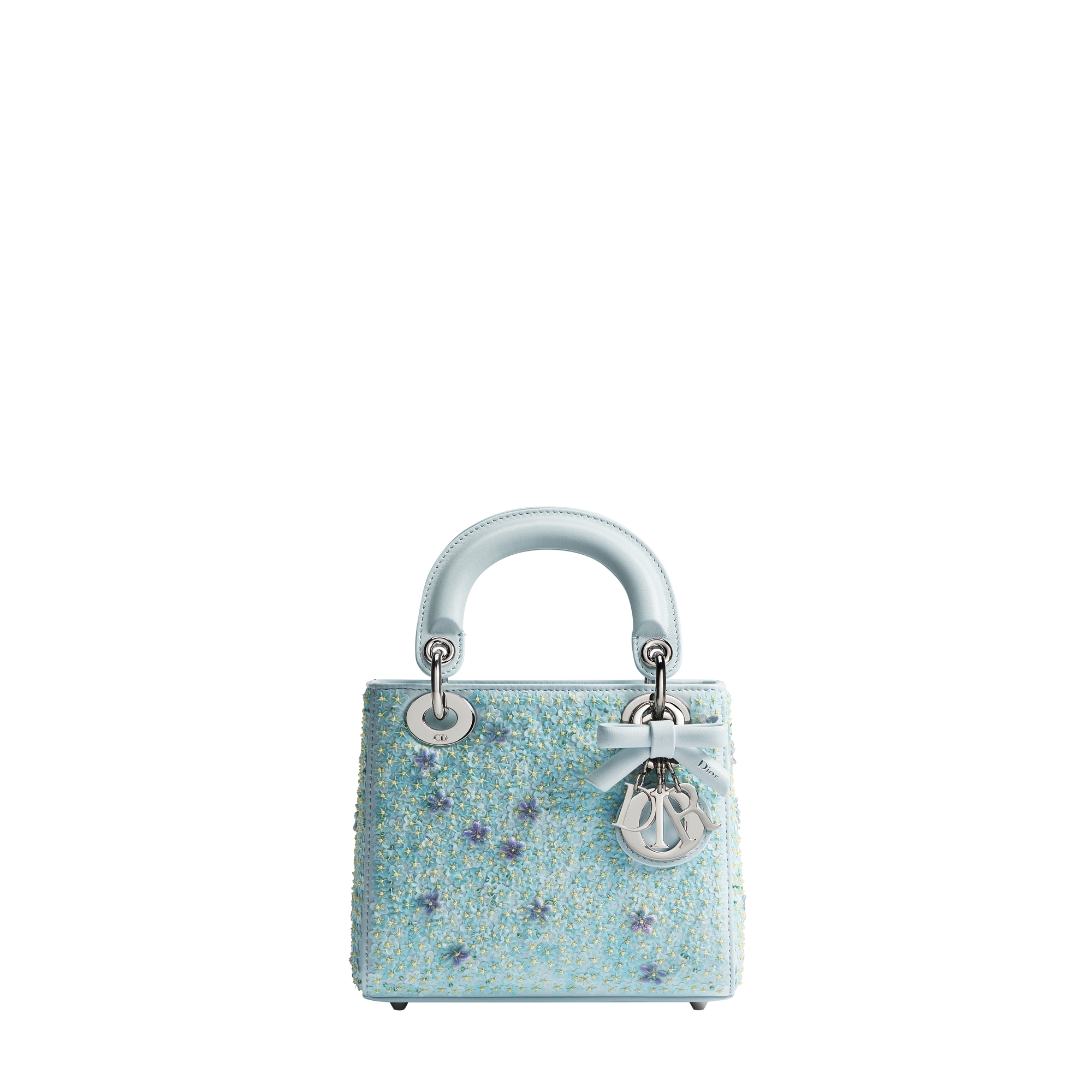 Mini Lady Dior Bag with Strap Sky Blue Lambskin Embroidered with Multicolor Raised Flowers and Beading E01