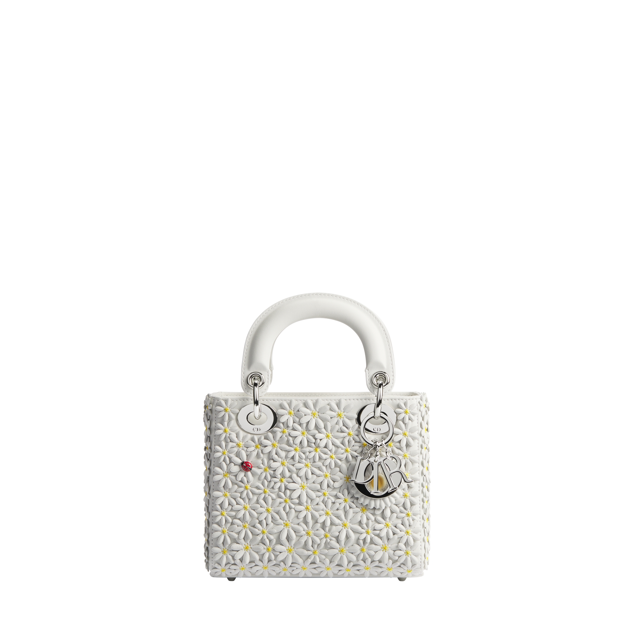 Mini Lady Dior Bag with Strap White Lambskin Embroidered with Three-Dimensional Dior Daisy Allover Motif E01