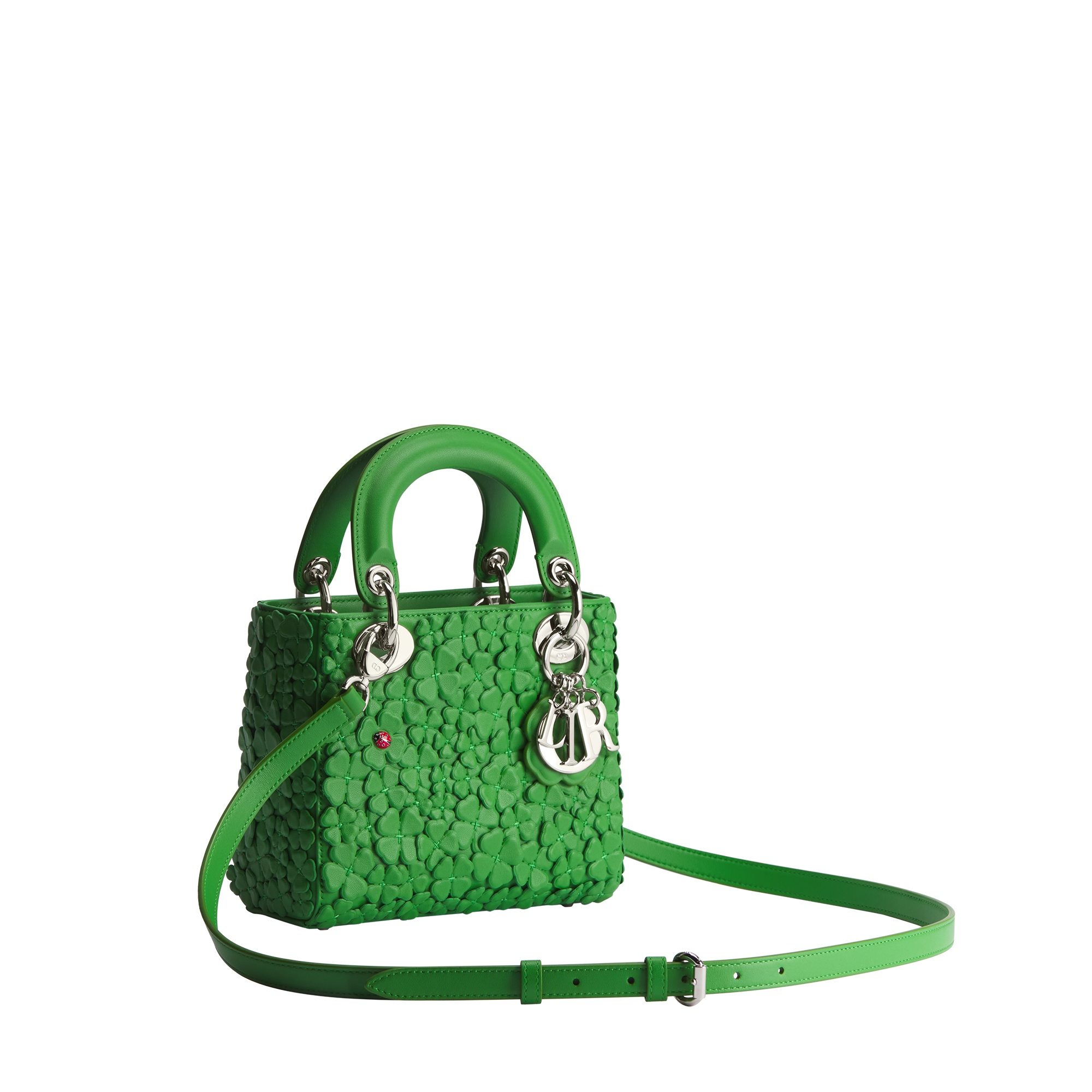 Mini Lady Dior Bag with Strap Clover Lucky Green Lambskin Embroidered with Three-Dimensional Dior Clover Allover Motif E03