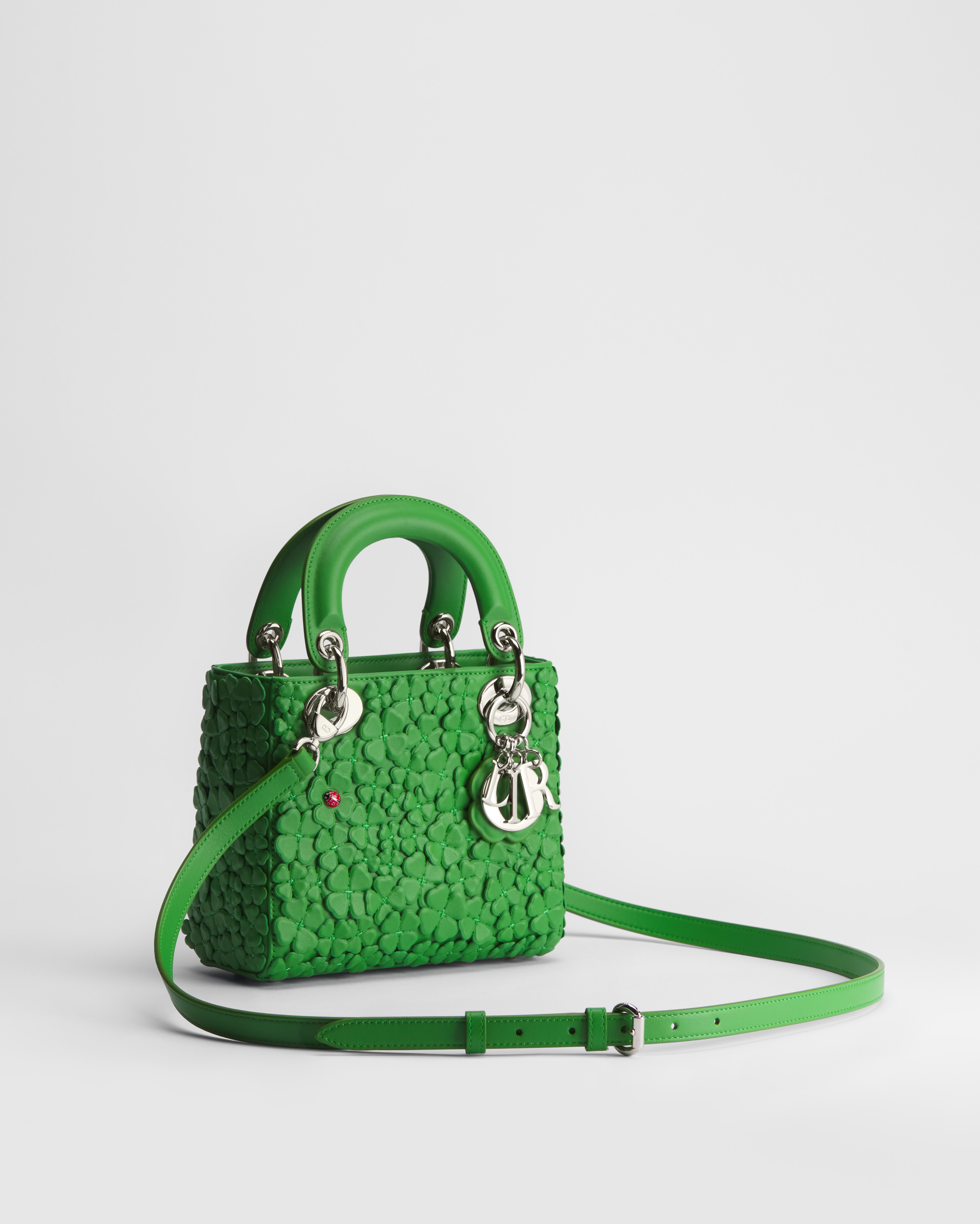 Mini Lady Dior Bag with Strap Clover Lucky Green Lambskin Embroidered with Three-Dimensional Dior Clover Allover Motif E03