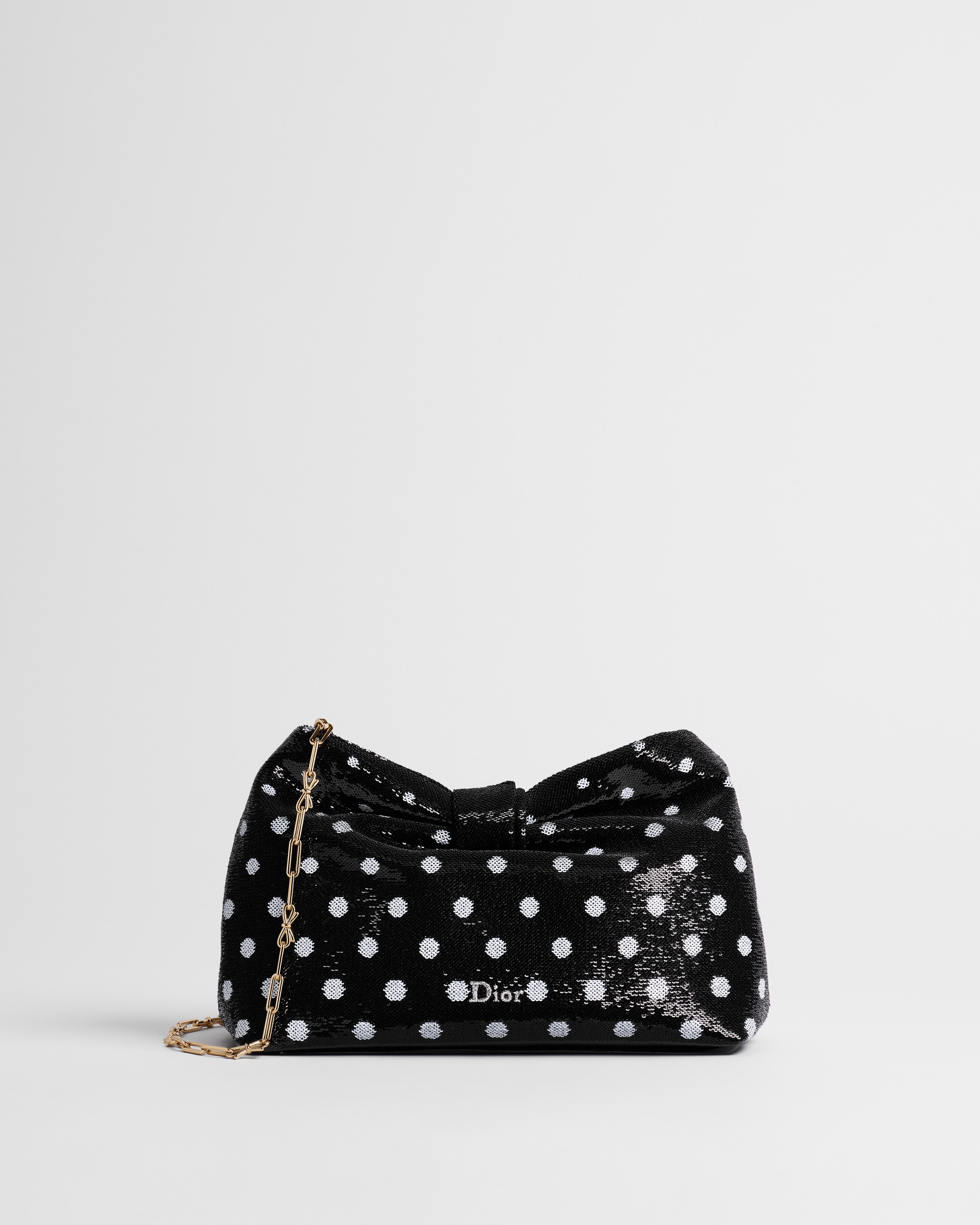 Small Dior Bow Bag Black and White PolkaDior Sequin-Embroidered Satin E01