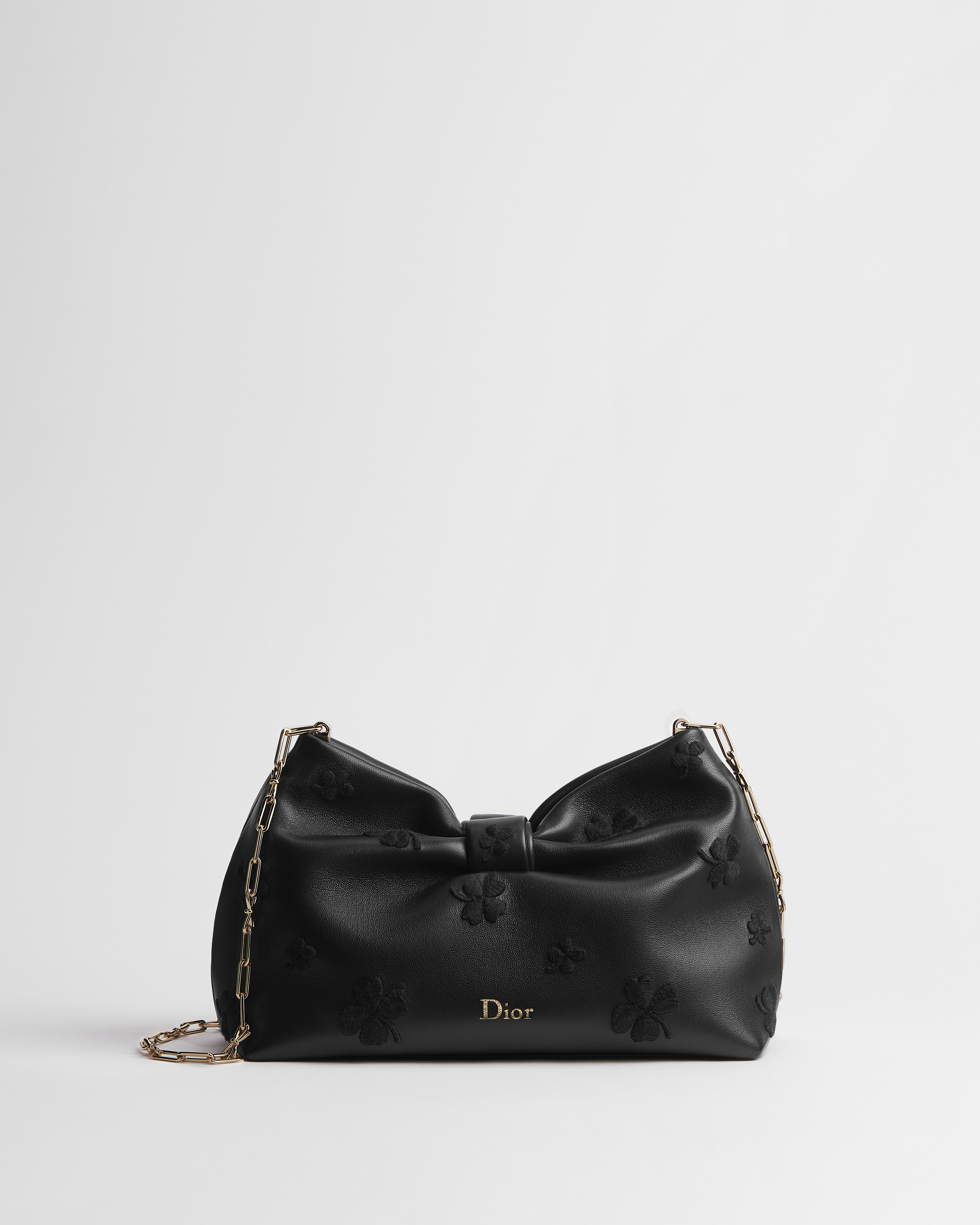 Kleine Dior Bow Tasche Lammleder in Schwarz mit Dior Kleeblattstickerei E01