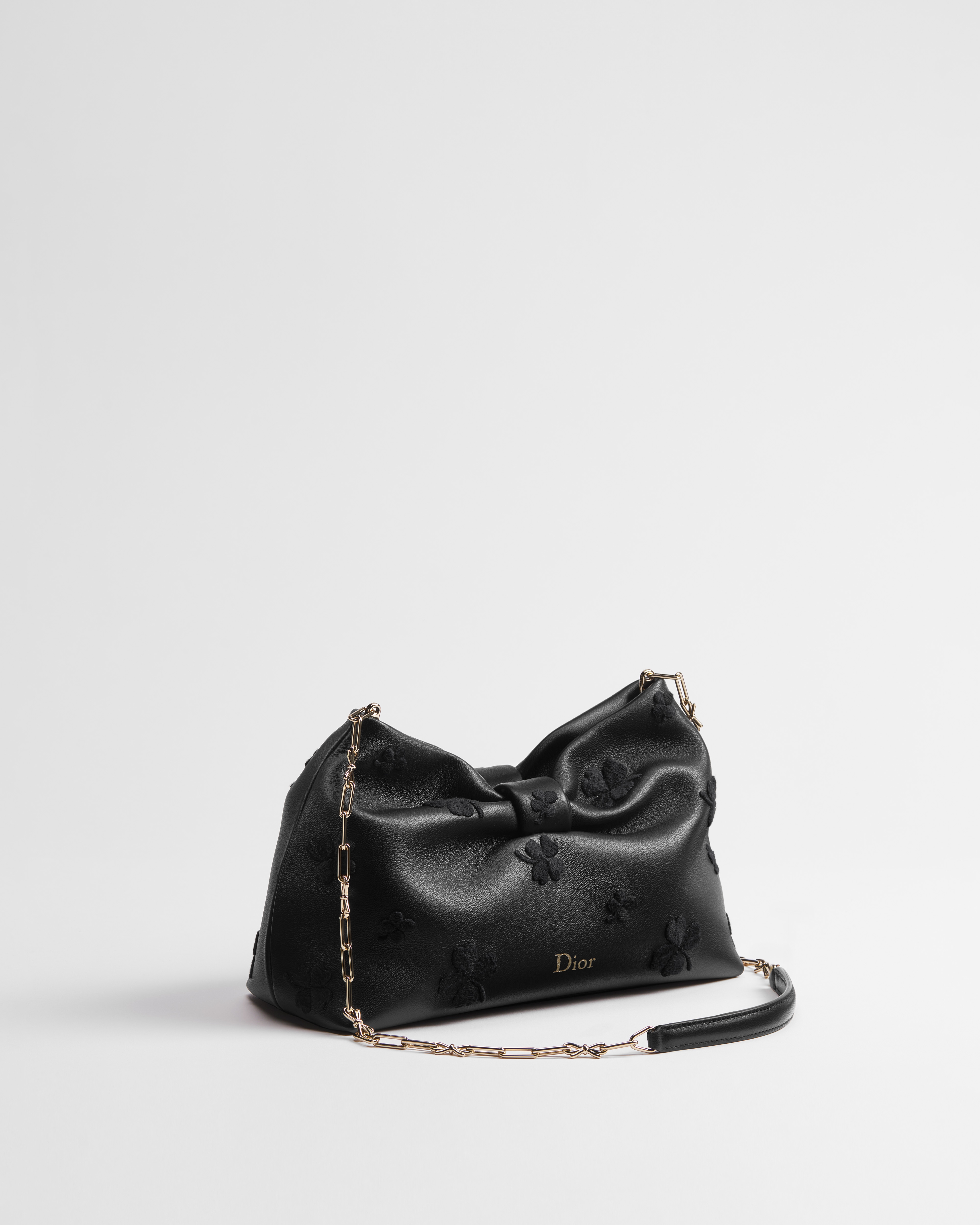 Kleine Dior Bow Tasche Lammleder in Schwarz mit Dior Kleeblattstickerei E03
