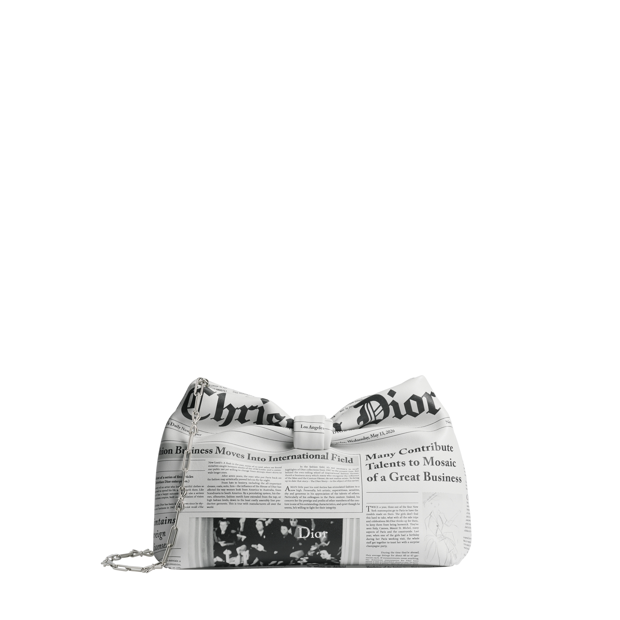 Small Dior Bow Bag White and Black Newspaper Printed Lambskin E01